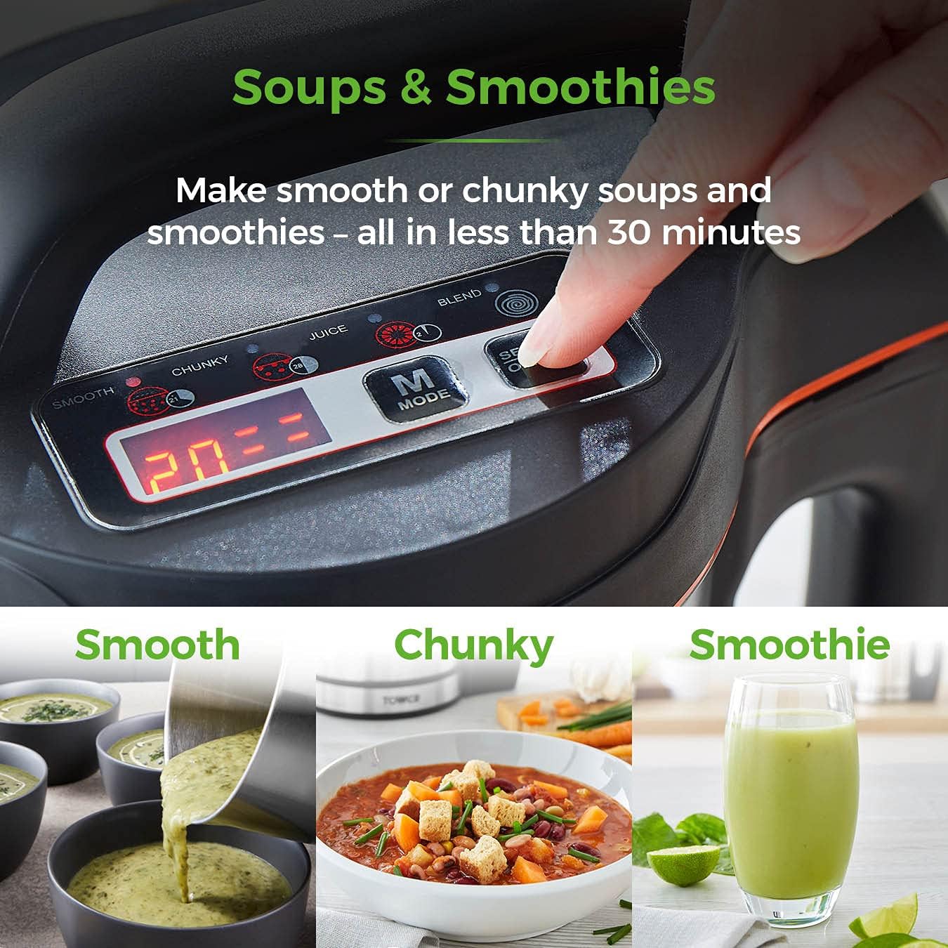 Detalle de Tower Soup & Smoothie Maker with Intelligent Control System and Stainless Steel Jug (1.6 L, 1000W, T12031)
