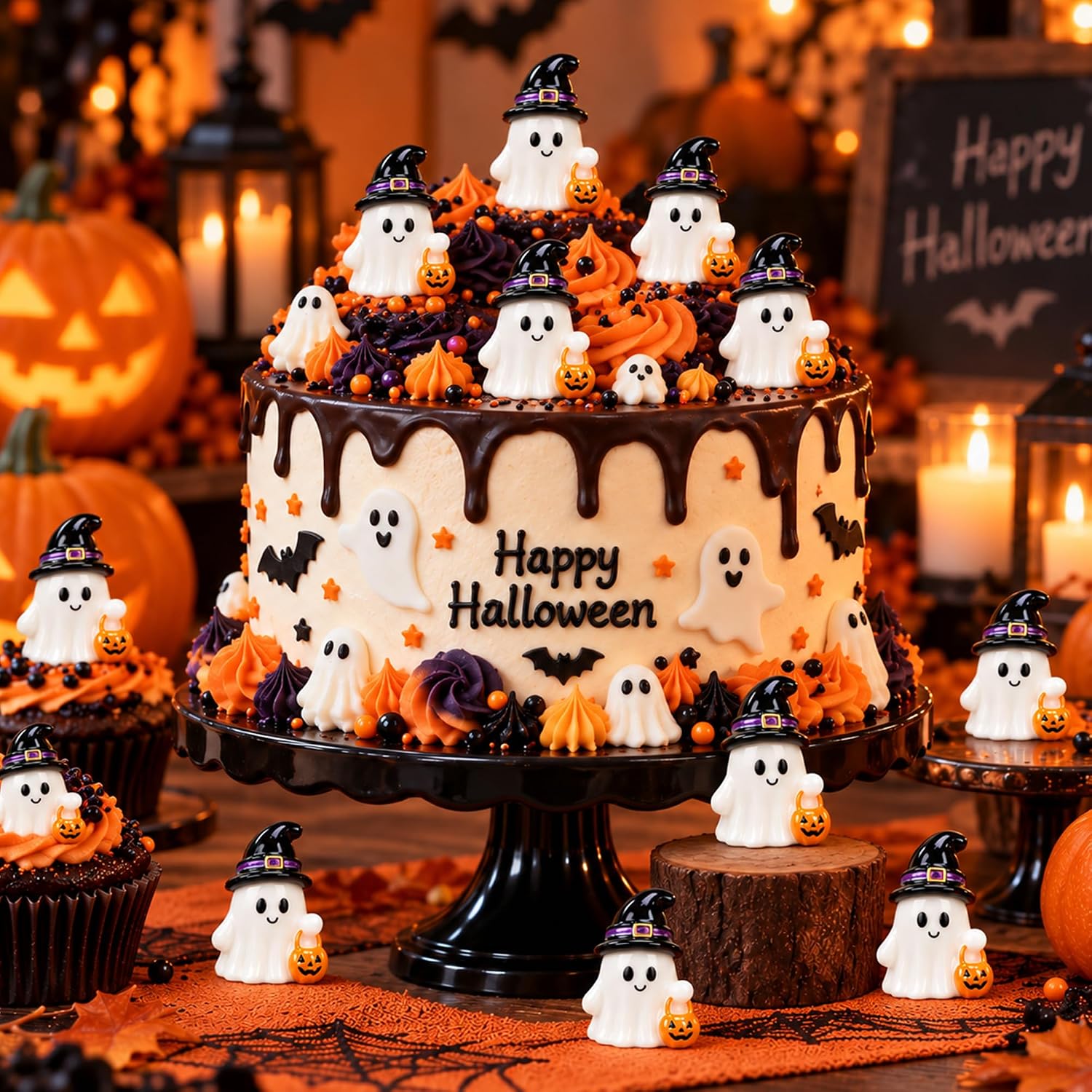 Detalle de 80-Piece Halloween Mini Resin Ghost Figurines with Witch Hats and Pumpkins