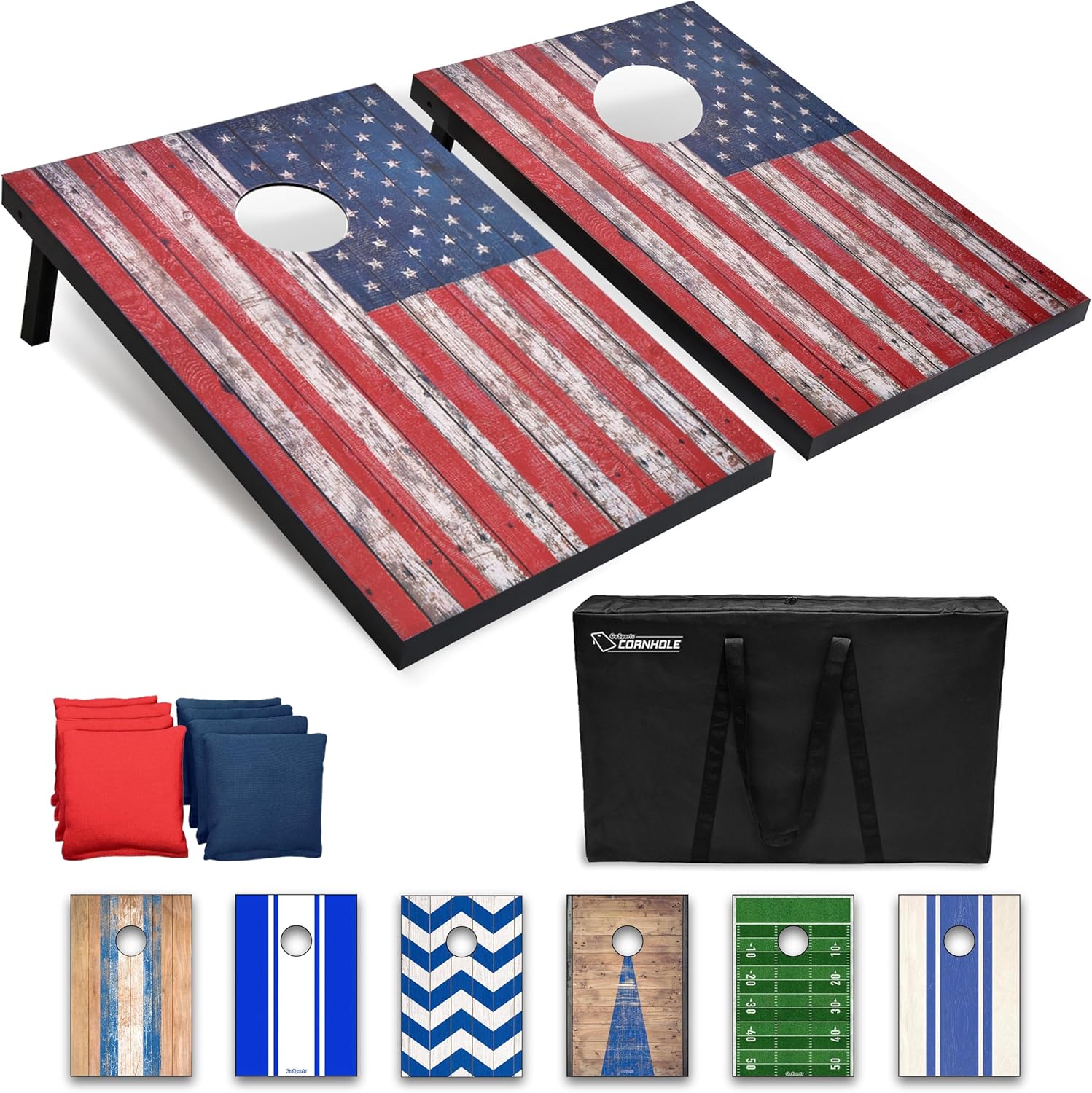 GoSports Classic Cornhole Set – 2 planches MDF, 8 sacs et étui de transport (style drapeau américain)