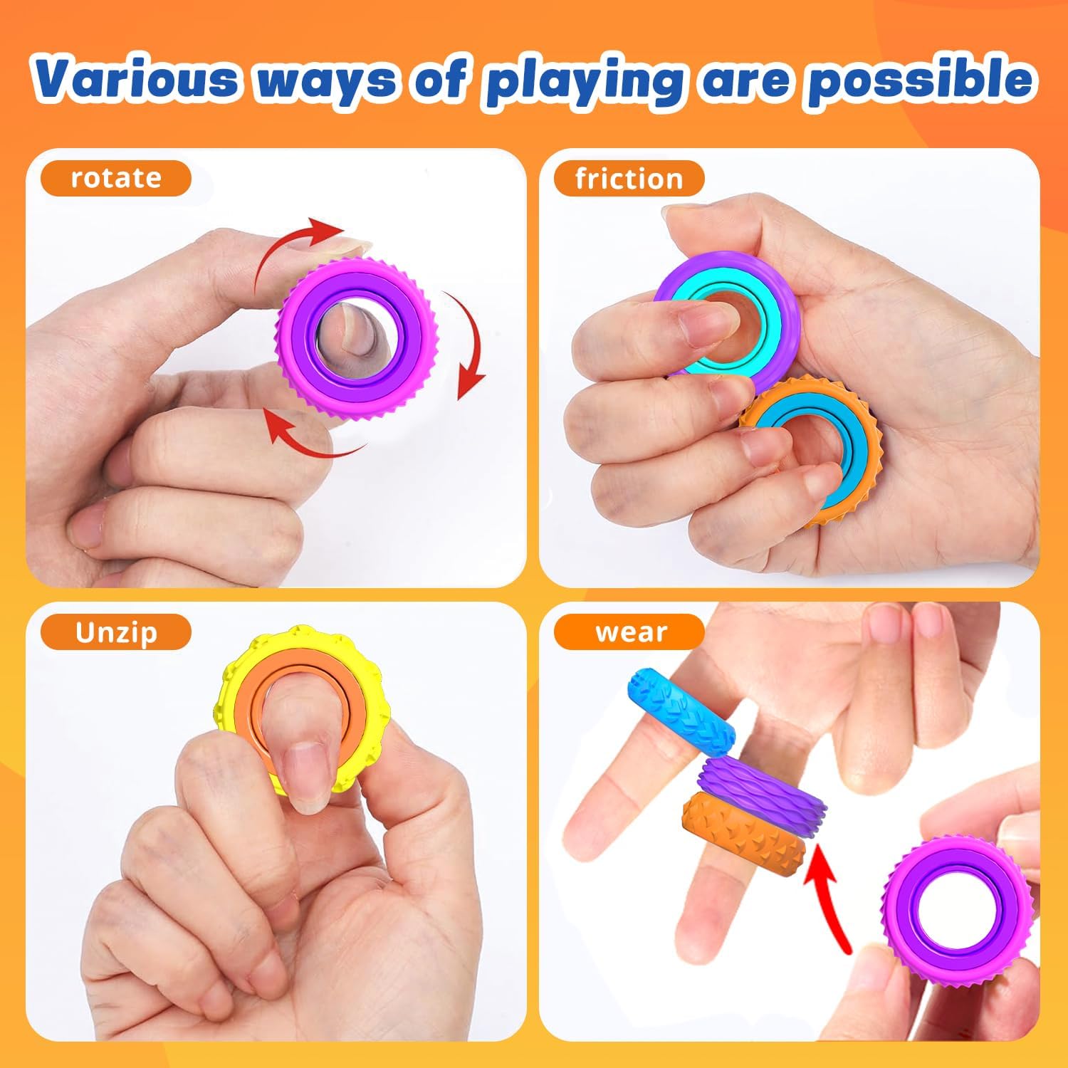 Detalle 2 de Ueyake Sensory Fidget Rings, 6-Pack Silicone Spinner Rings for Kids