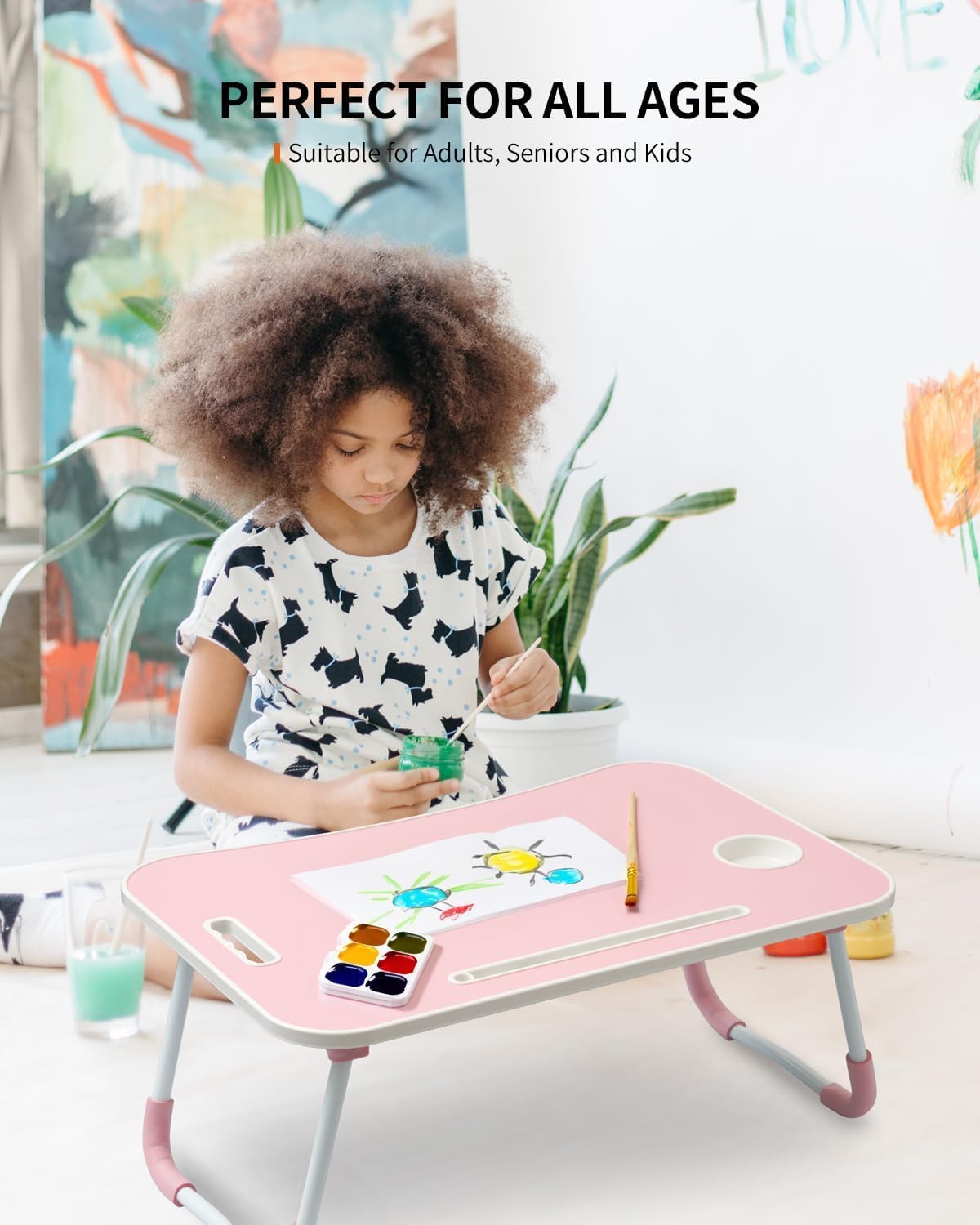 Detalle de FISYOD FIS03 Foldable Laptop Table, Light Pink, Cup Holder and Tablet Slot