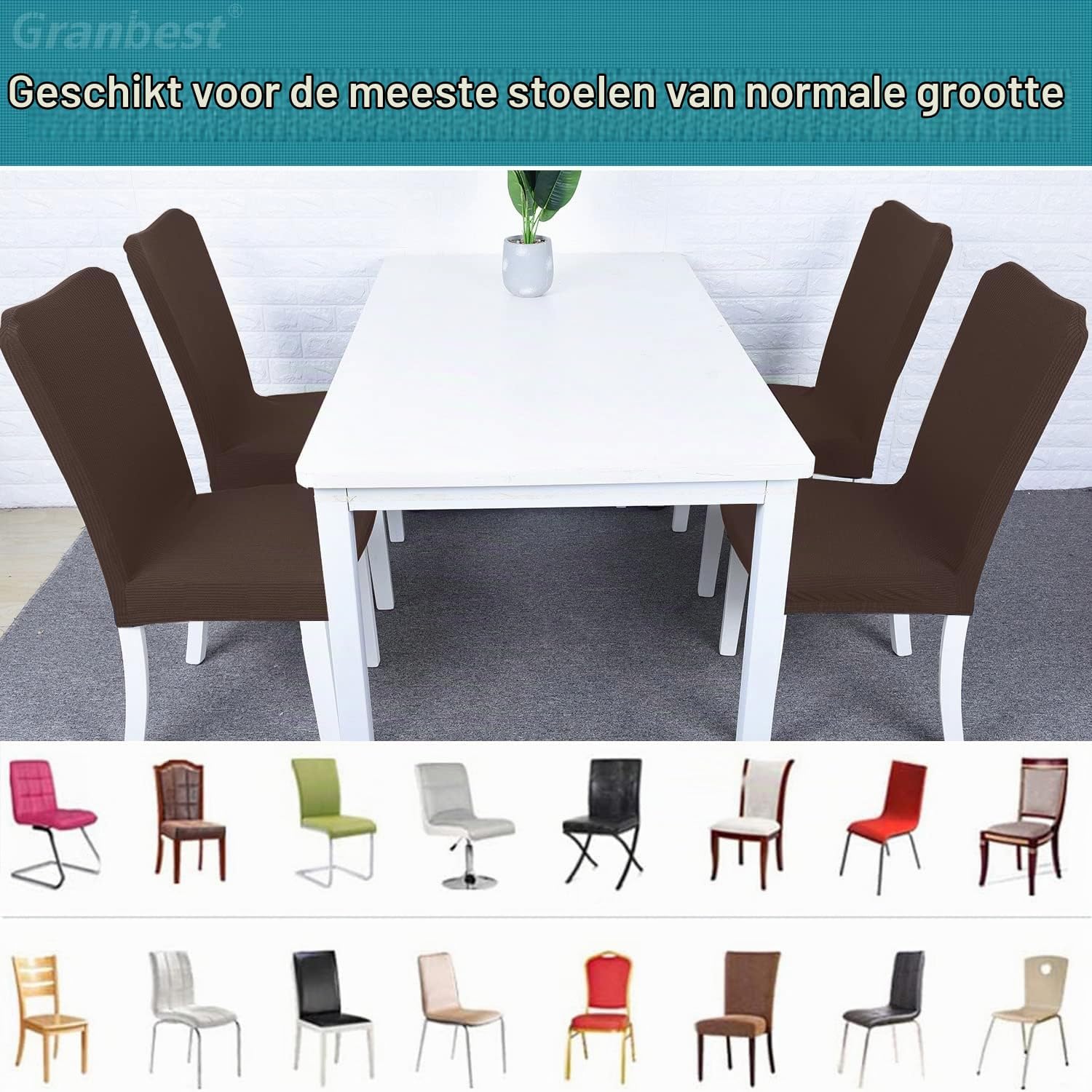 Detalle 1 de Granbest Premium eetkamerstoelhoezen, set van 6, chocolade, elastisch