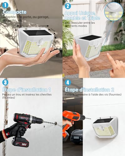 Detalle de Aootek Lampe Solaire Extérieur Jardin Murale – Lot de 3, 120 LEDs, IP65