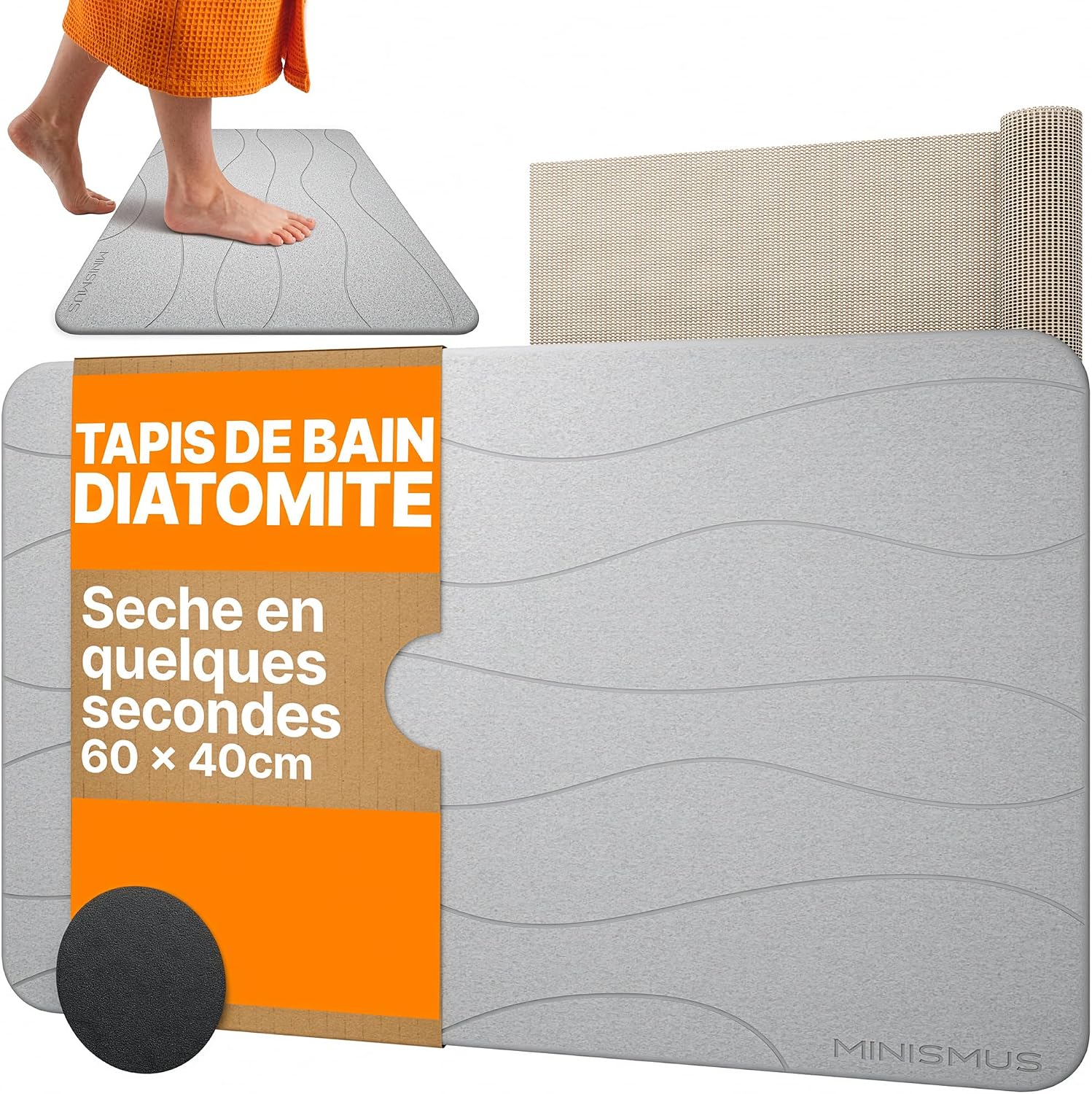 Minismus Tapis de Bain en diatomite 60 x 40 cm – absorbant et antidérapant pour sortie de douche