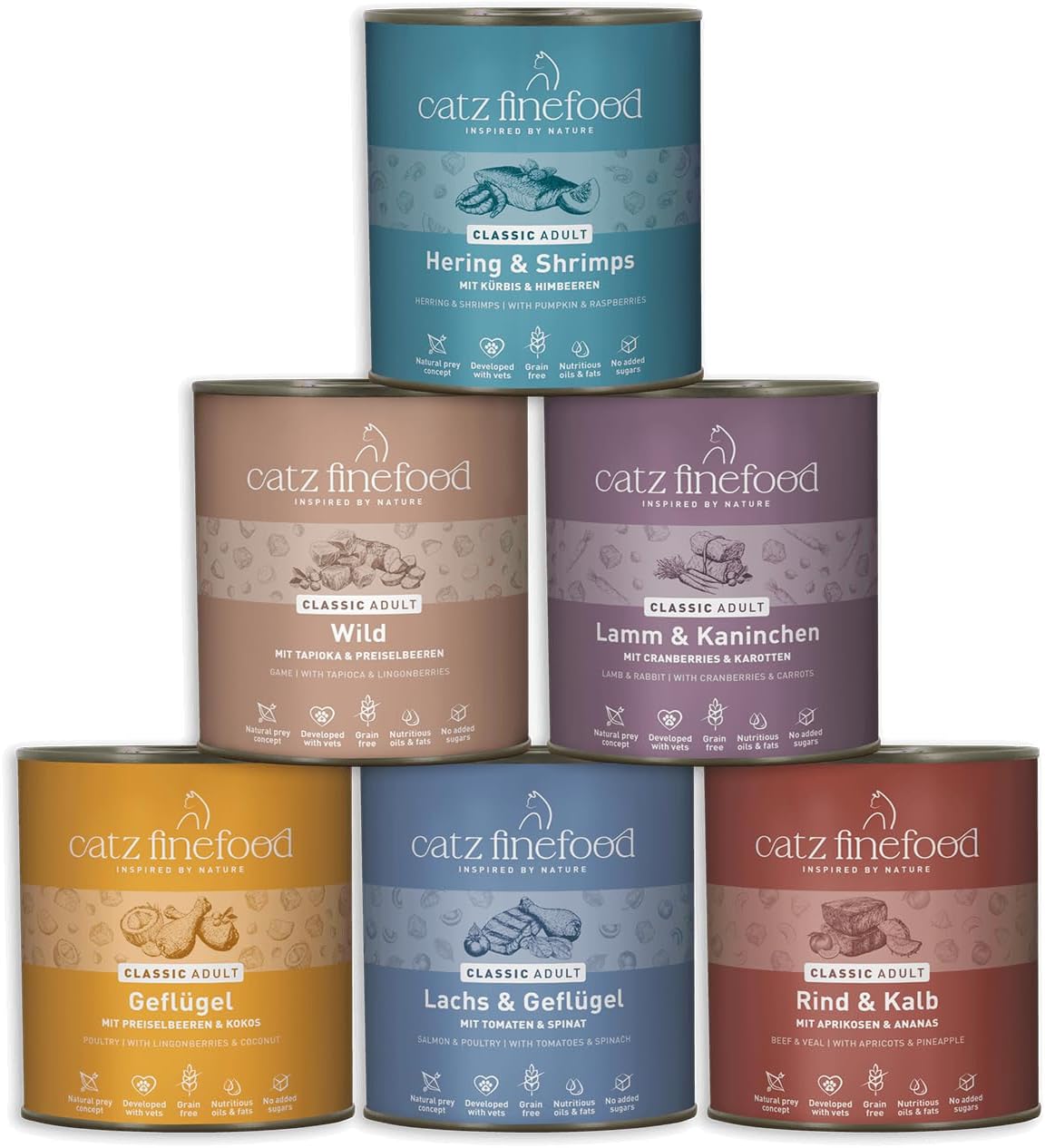 Detalle de catz finefood Classic Collection – mokra karma dla kotów, 6 smaków, 6 × 800 g