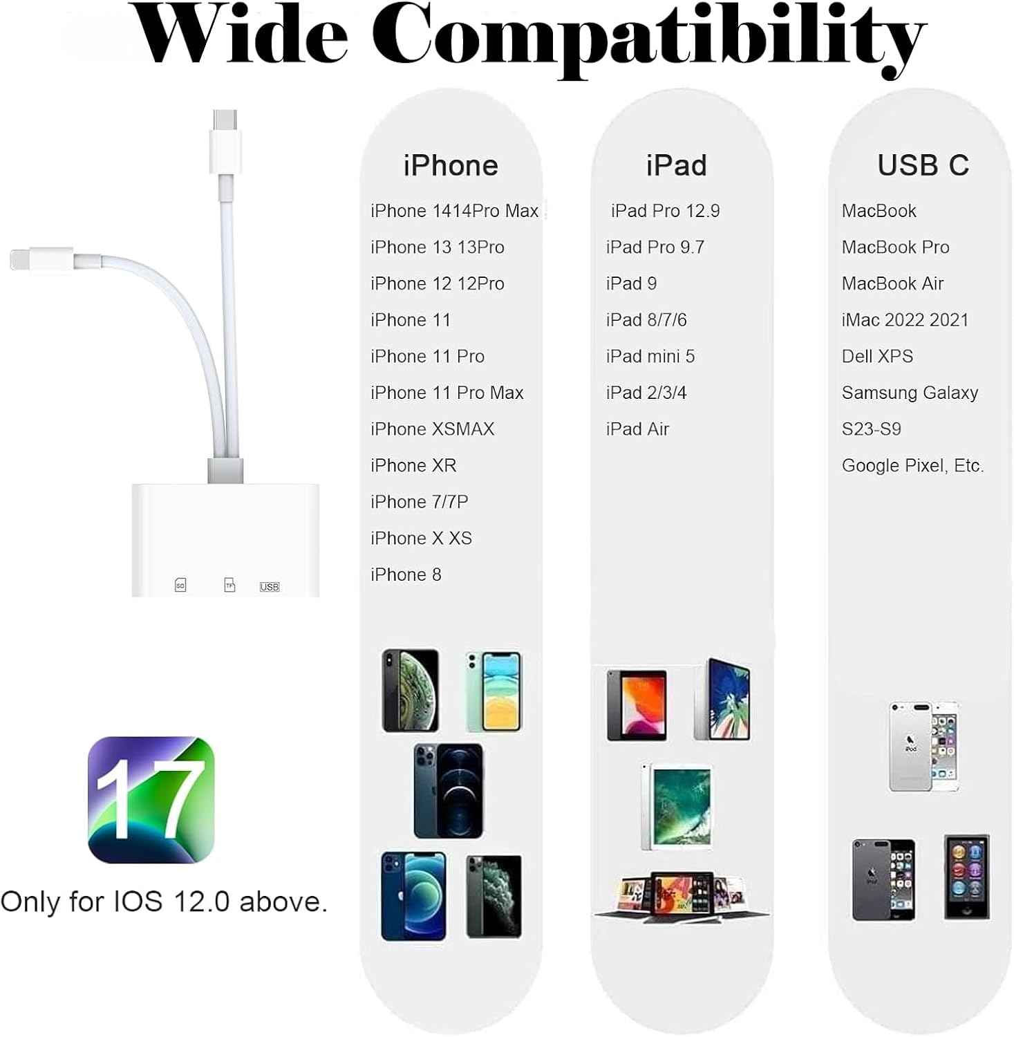 Thumbnail 2 de [Apple MFi Certified] SD Card Reader & USB OTG Adapter for iPhone/iPad – 3 Card Slots, Lightning & USB-C