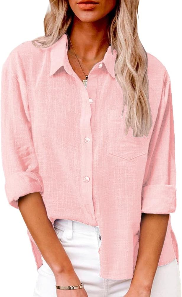 Detalle de Friptspyg Damen Bluse – Lässige Langarm-Hemdbluse aus 100% Baumwolle, V-Ausschnitt, Tasche, Weiß