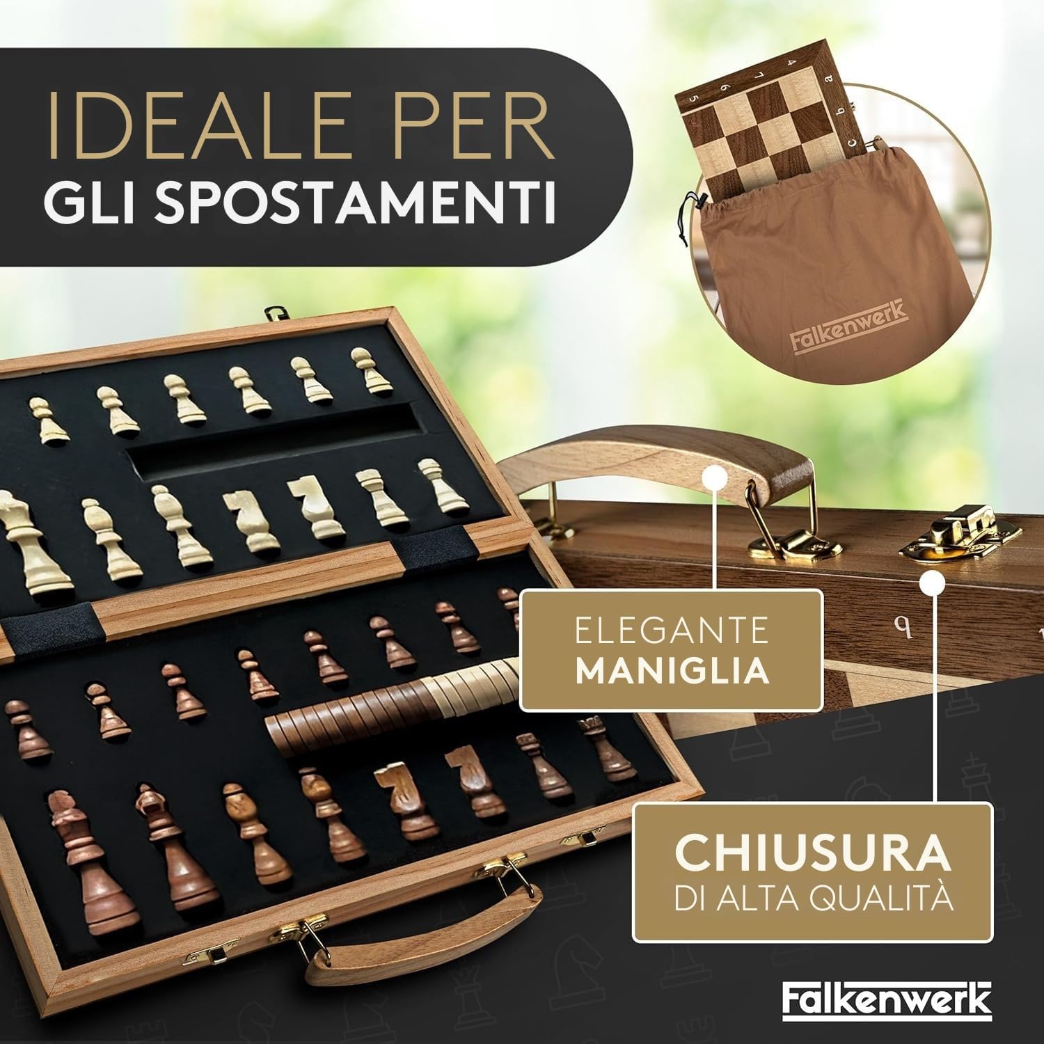 Thumbnail 4 de FALKENWERK Scacchiera magnetica in legno [38x38 cm] — artigianale, pieghevole con manico e magneti in feltro
