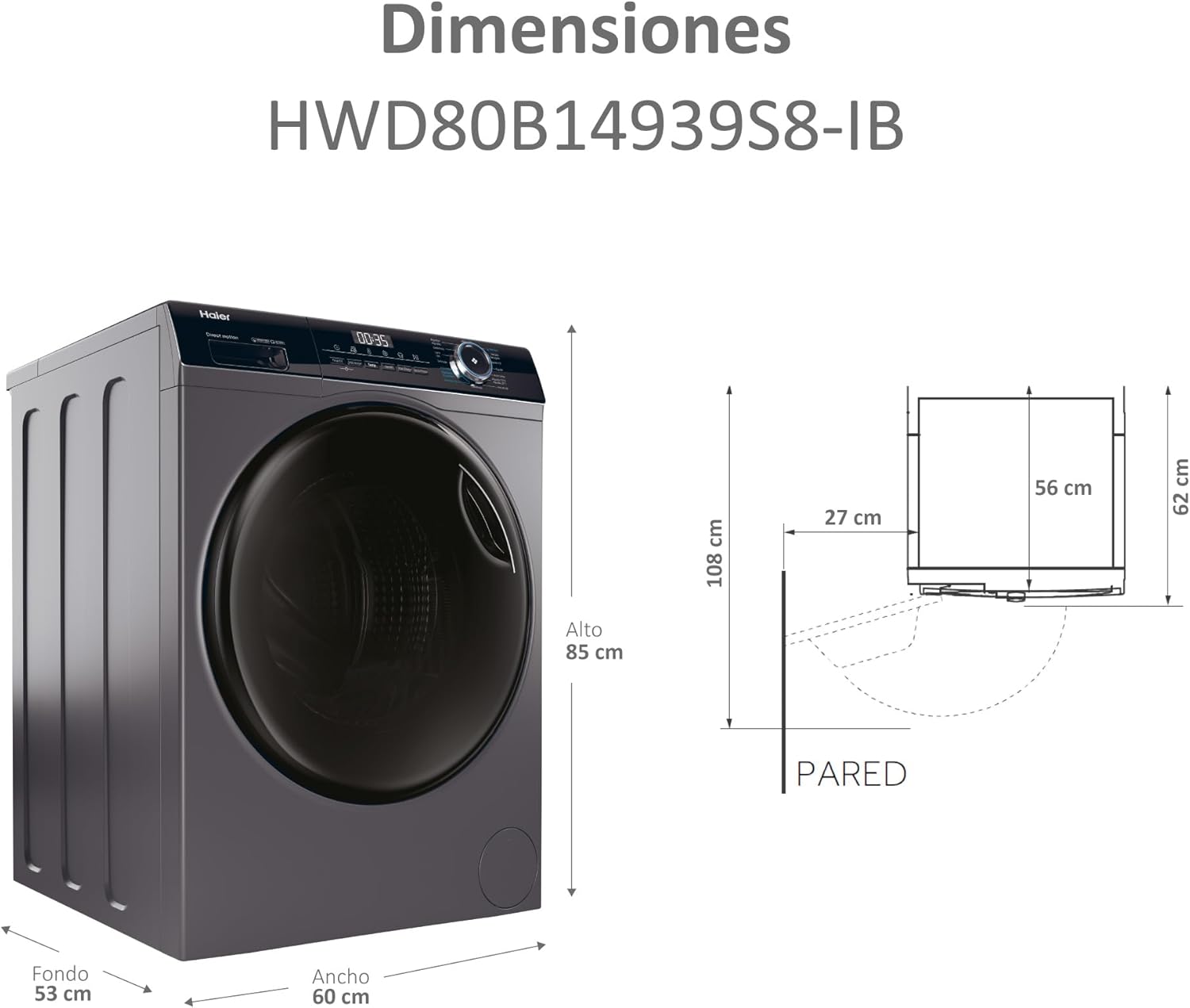 Thumbnail 2 de Haier I-Pro Series 3 HWD80B14939S8-IB lavadora secadora 8/5 kg con vapor