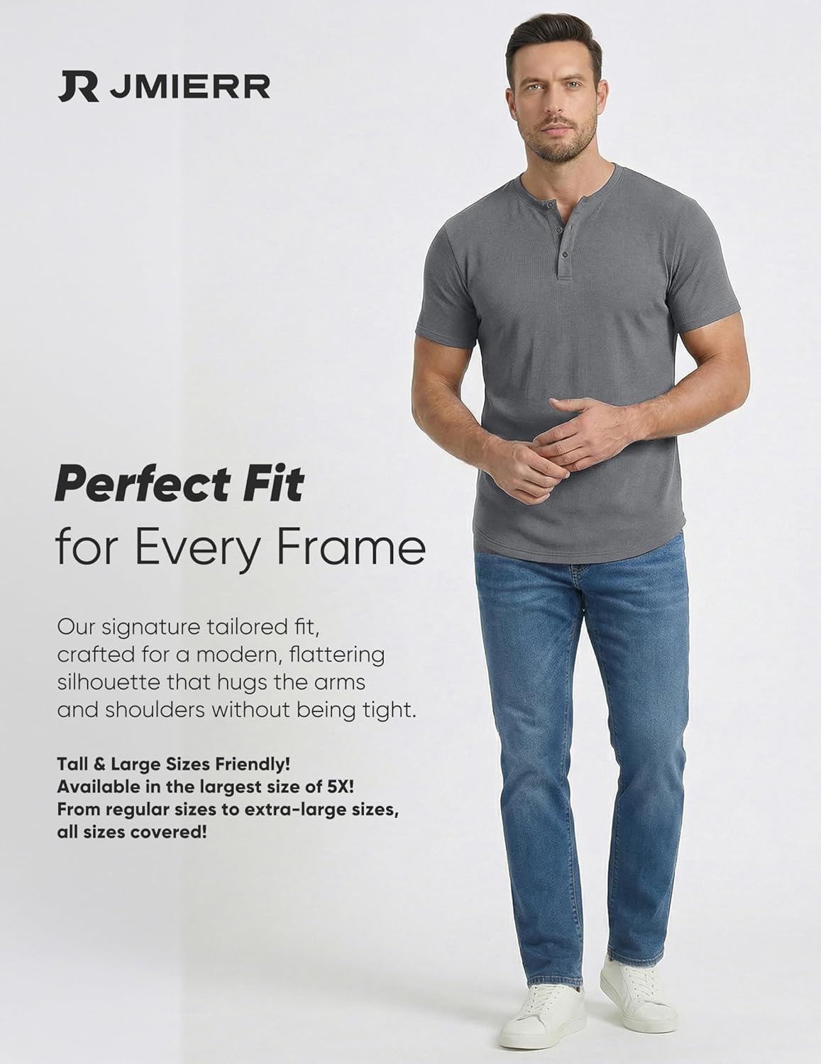 Detalle de JMIERR Men's Muscle Slim Henley Shirts – Button-Front Crewneck Tee for Gym & Casual Wear