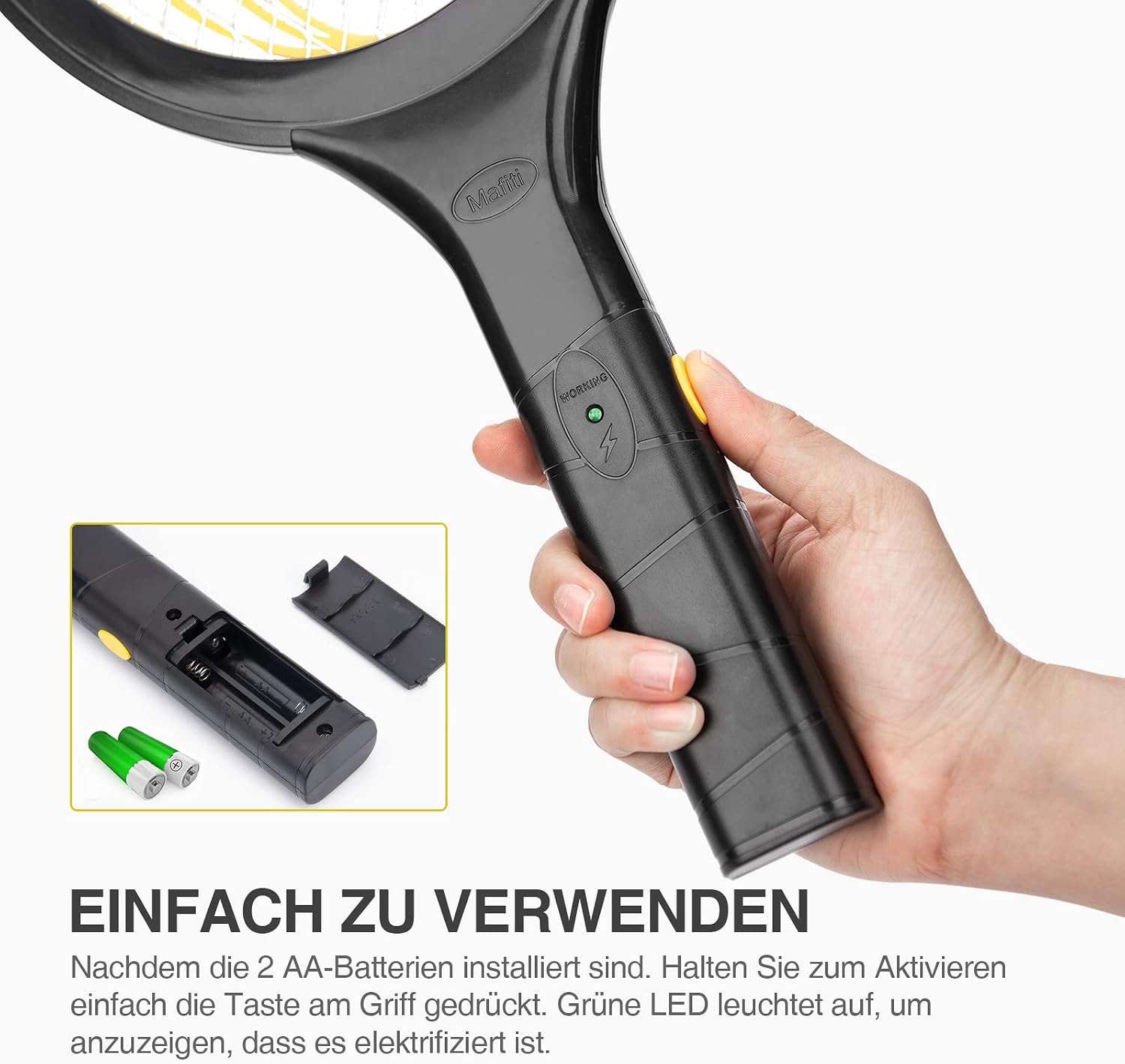 Detalle 2 de mafiti Elektrische Fliegenklatsche – Insektenvernichter mit herausnehmbaren Batterien (Gelb/Schwarz)