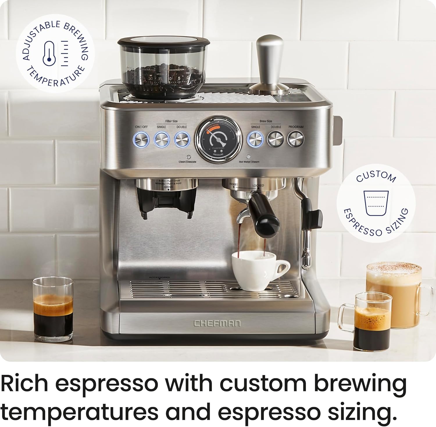Thumbnail 1 de Chefman Crema Supreme 15 Bar Espresso Machine with Milk Frother: All-in-One Semi-Auto with Built-In Grinder