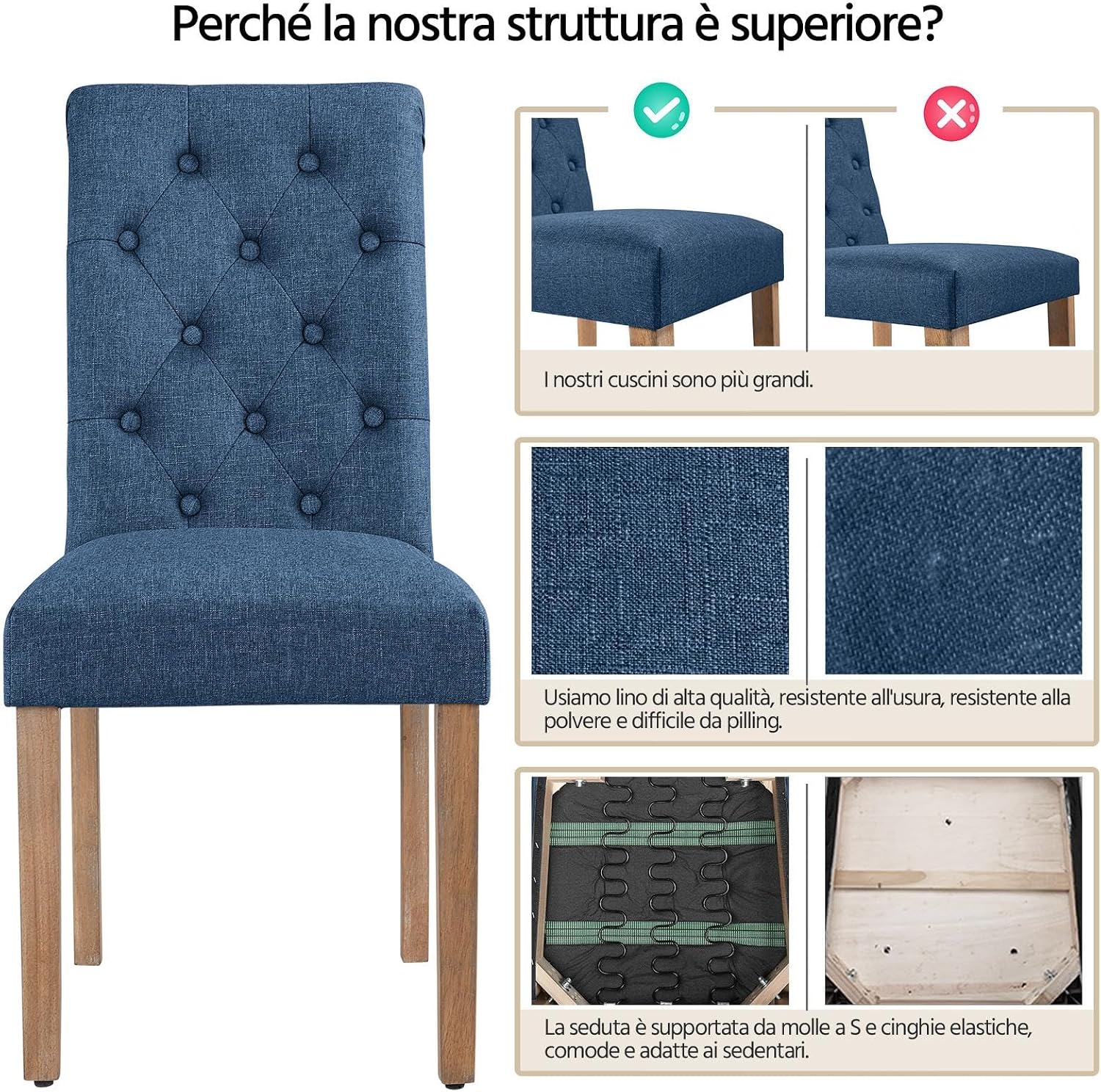 Thumbnail 6 de Yaheetech Set 4 Sedie Imbottite Blu con Schienale Alto, Gambe in Legno – Eleganza e Comfort per Sala da Pranzo