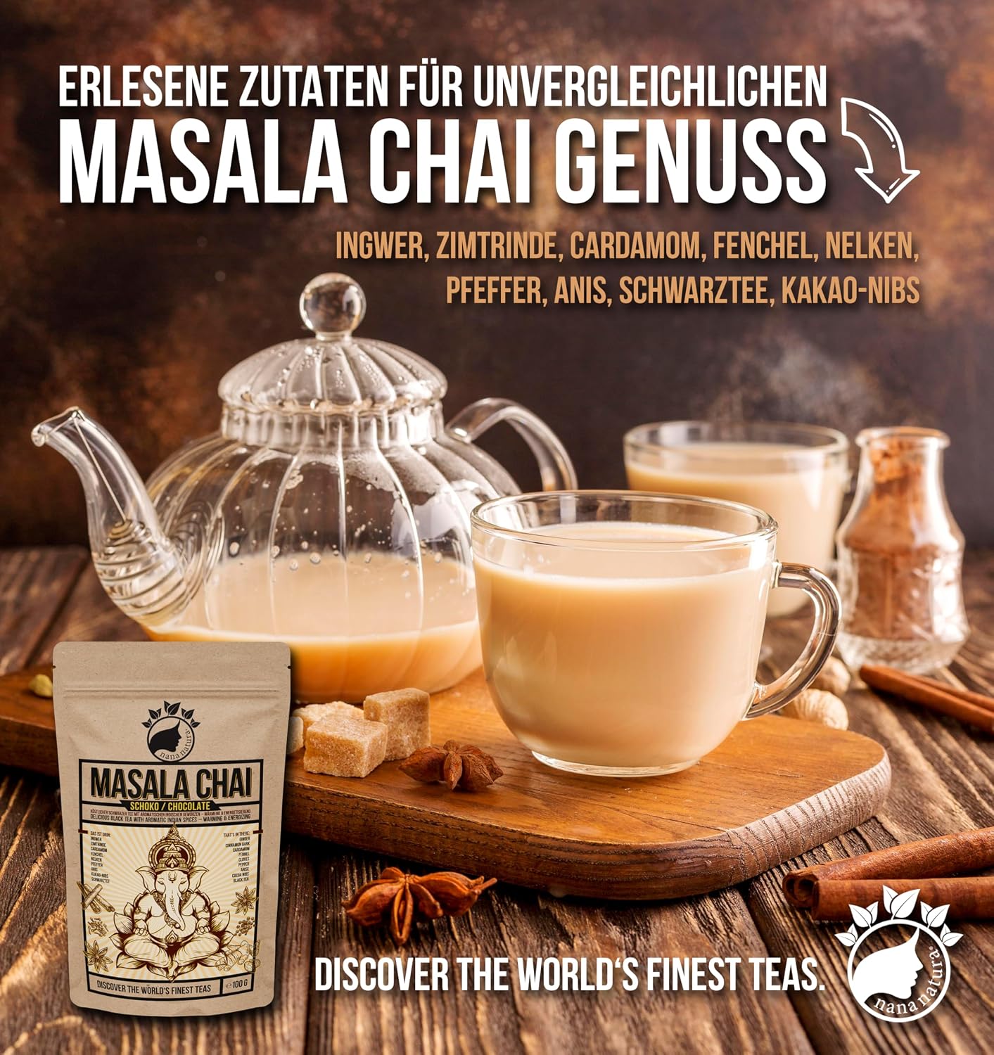 Thumbnail 2 de NanaNatura's Masala Chai Schoko Tee 100 g – würzig-schokoladig für Chai Latte mit Kakao-Nibs
