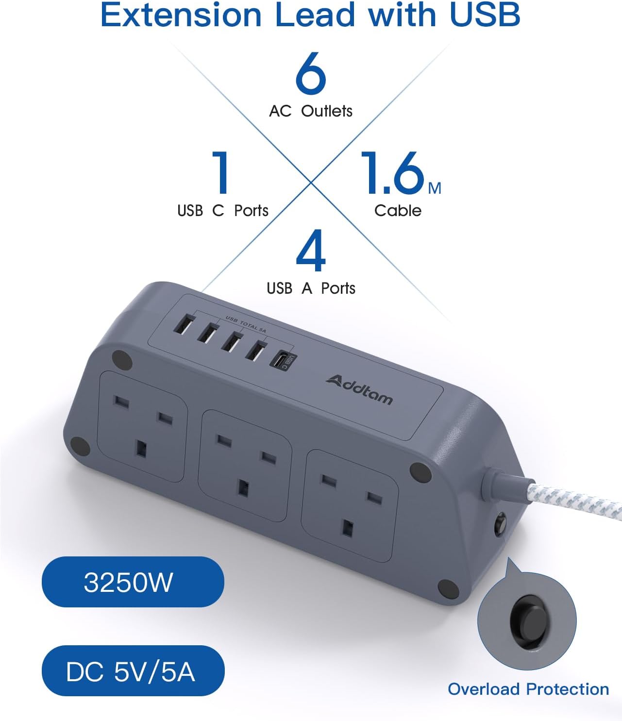 Detalle 2 de Gray Extension Lead 6-Way with 5 USB (3250W) 🔌