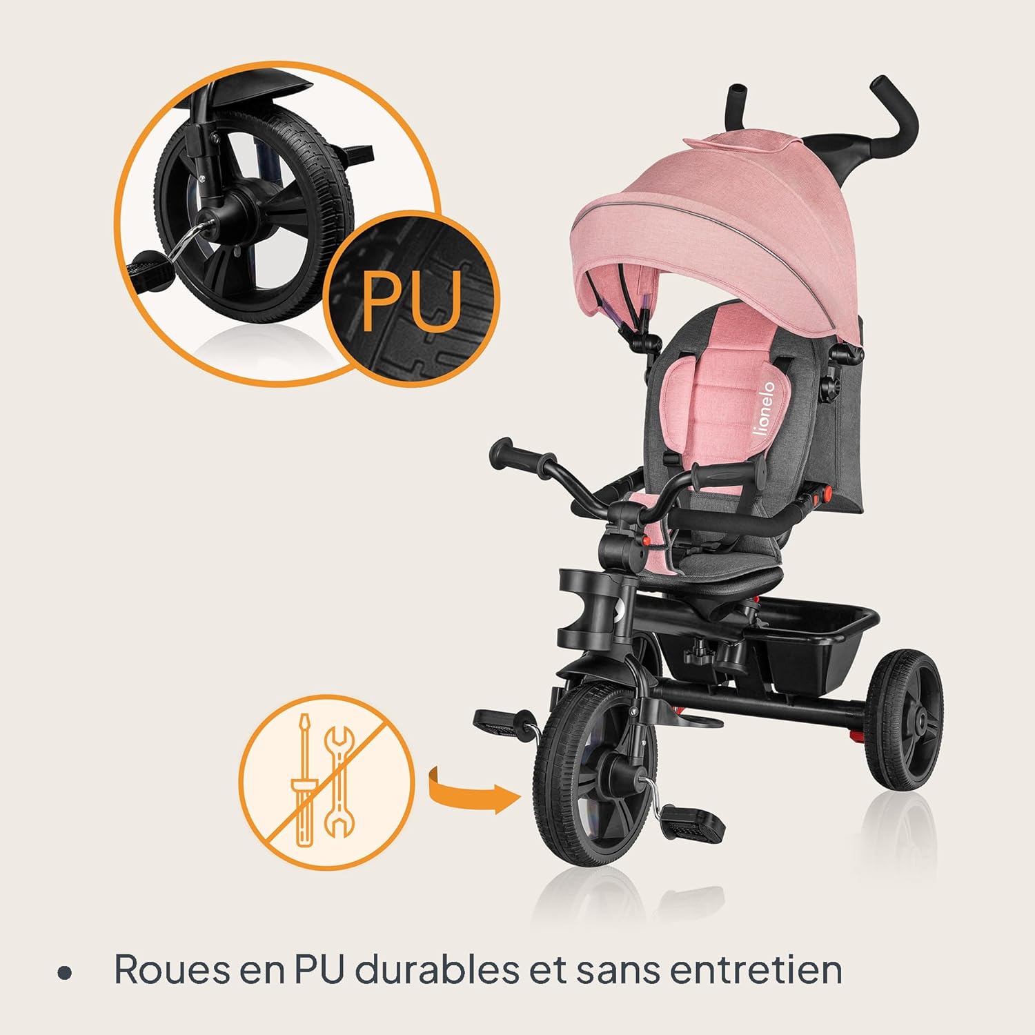Detalle de Lionelo Haari Tricycle bébé évolutif jusqu'à 25 kg — 3 en 1 avec siège réversible et rangements pratiques