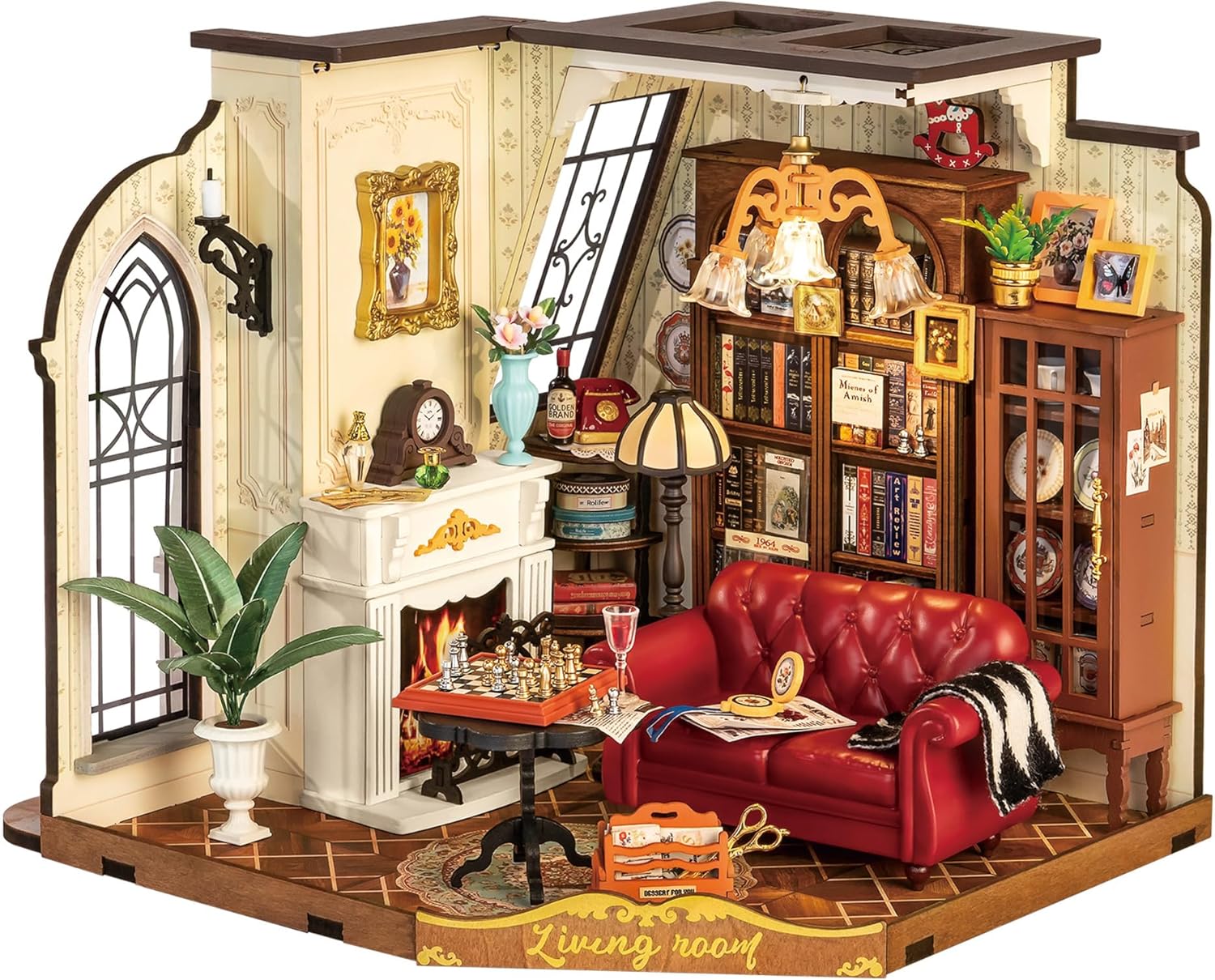 Robotime Miniaturhaus-Bausatz Catherine’s Living Room – Puppenhaus aus Holz mit LED-Licht