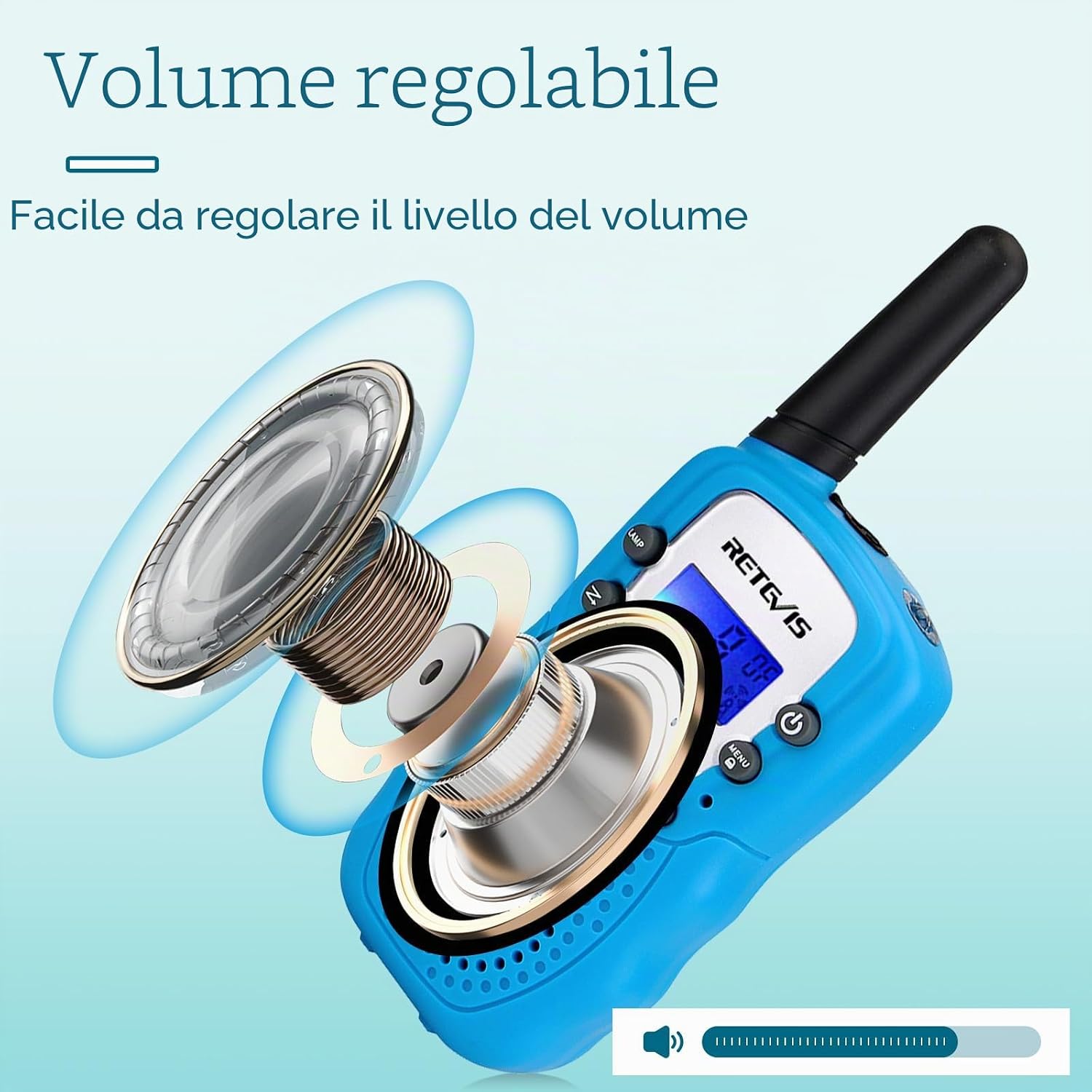 Detalle de Retevis RT388 Walkie Talkie Bambini PMR446 con VOX, torcia e 8 canali (1 coppia, blu) per 4-12 anni