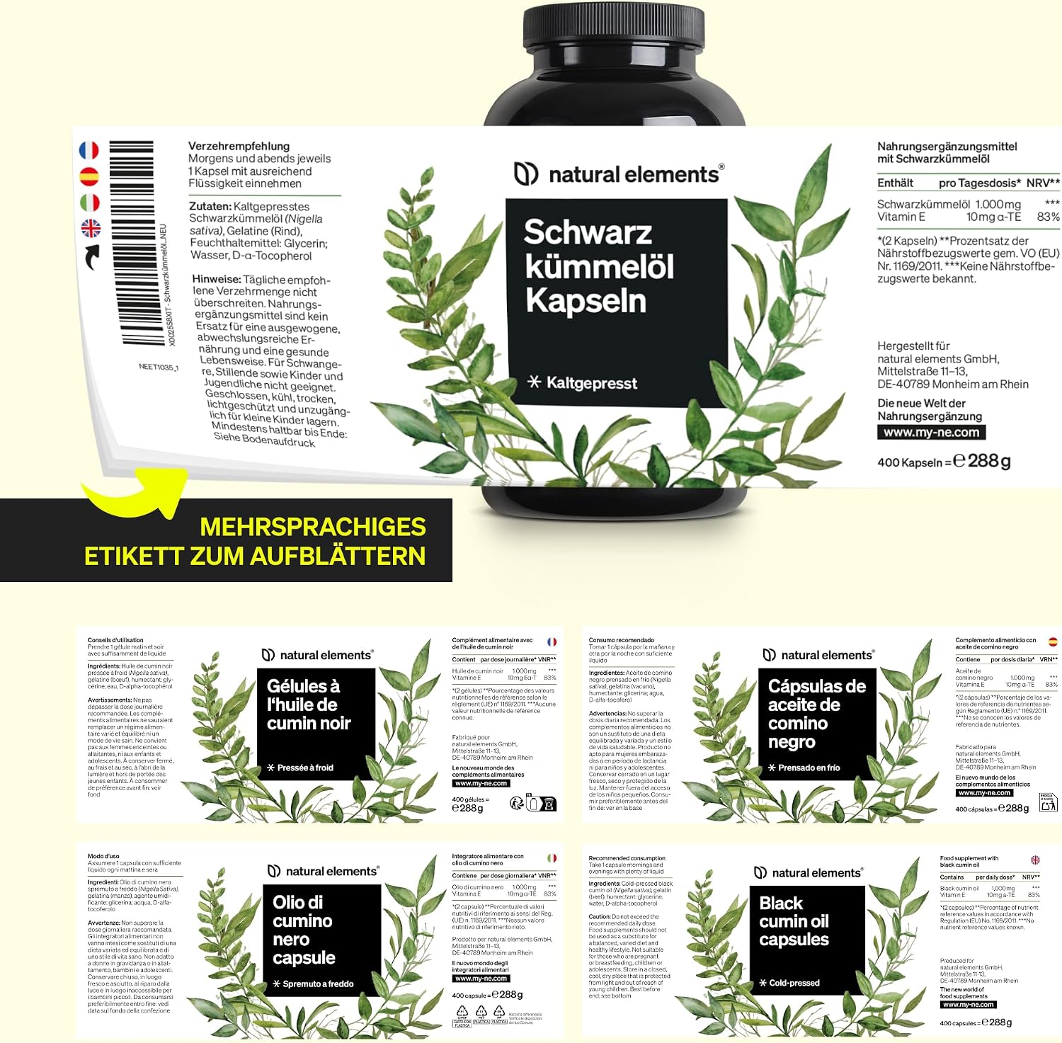Detalle 2 de natural elements Schwarzkümmelöl 1.000 mg pro Tag, 400 Kapseln