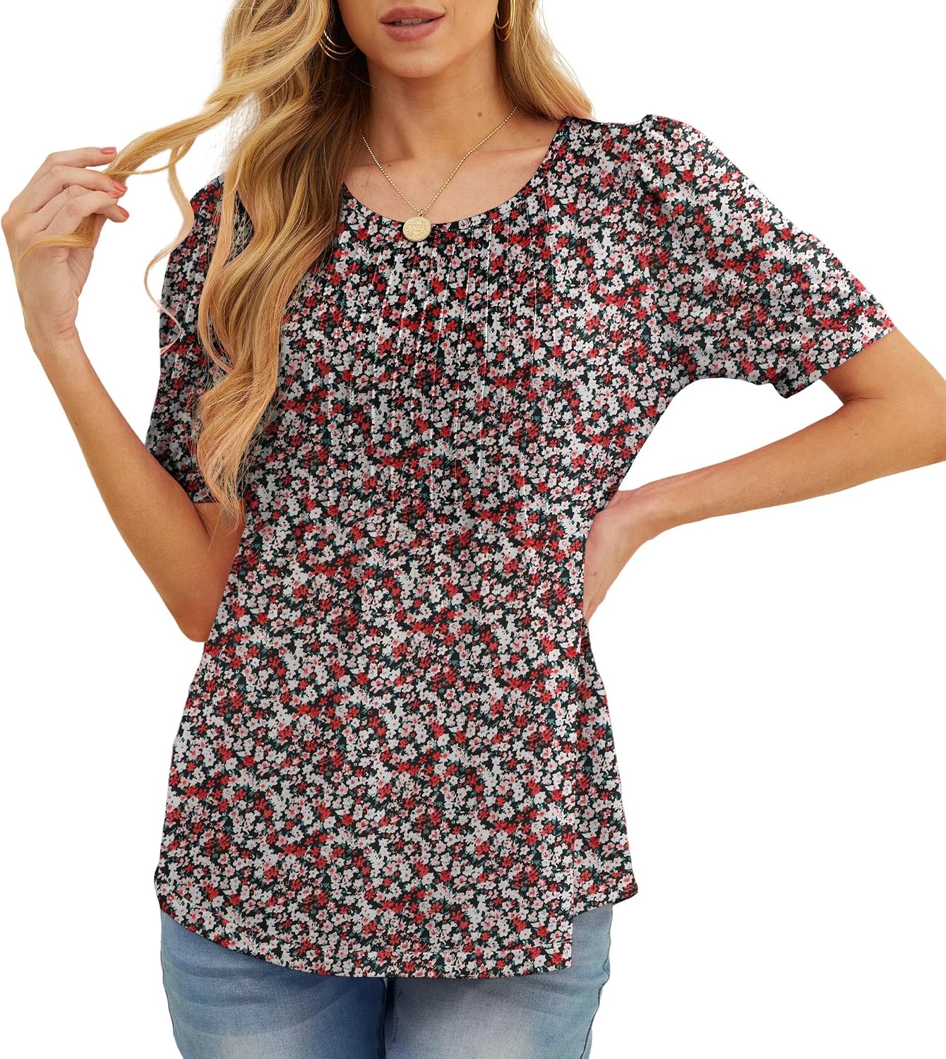 Detalle de GRECERELLE pleated front floral summer tunic T-shirt for women (crew neck, short sleeve)