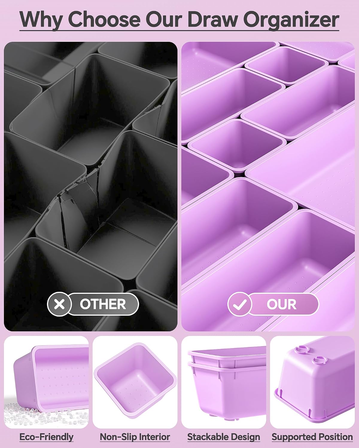 Detalle 1 de KEMETHY H25-Purple 25-Piece Plastic Drawer Organizer Set, 4 Sizes