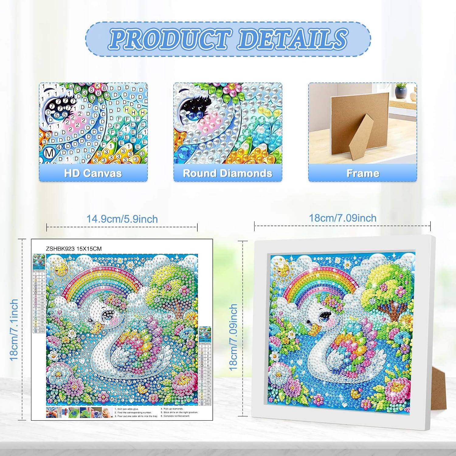 Detalle de BIGRIMA 5D Diamond Art Kit, 7x7-Inch Framed Rainbow Swan