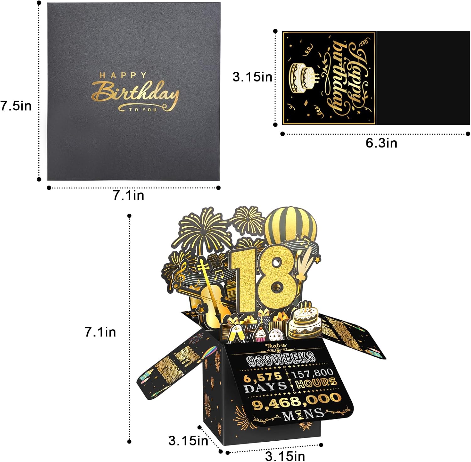 Thumbnail 2 de 18th Birthday Pop Up Card in Black & Gold – 3D Greeting for Him or Her