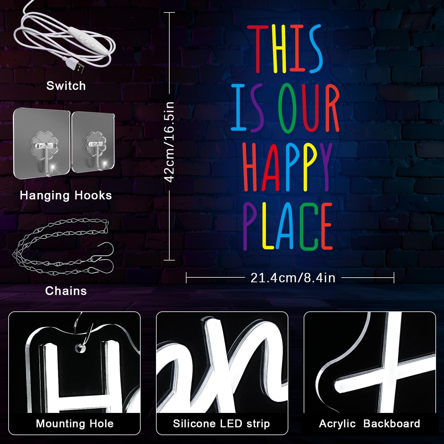 Thumbnail 1 de LMSIGNLY Happy Place Neonzeichen – Bunte LED-Wanddekoration für Wohnzimmer, Schlafzimmer und Klassenraum
