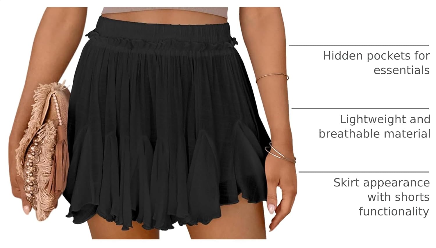 Thumbnail 3 de Women's Flowy Linen Boho Ruffle Mini Skorts with Pockets – High-Waist Casual Shorts