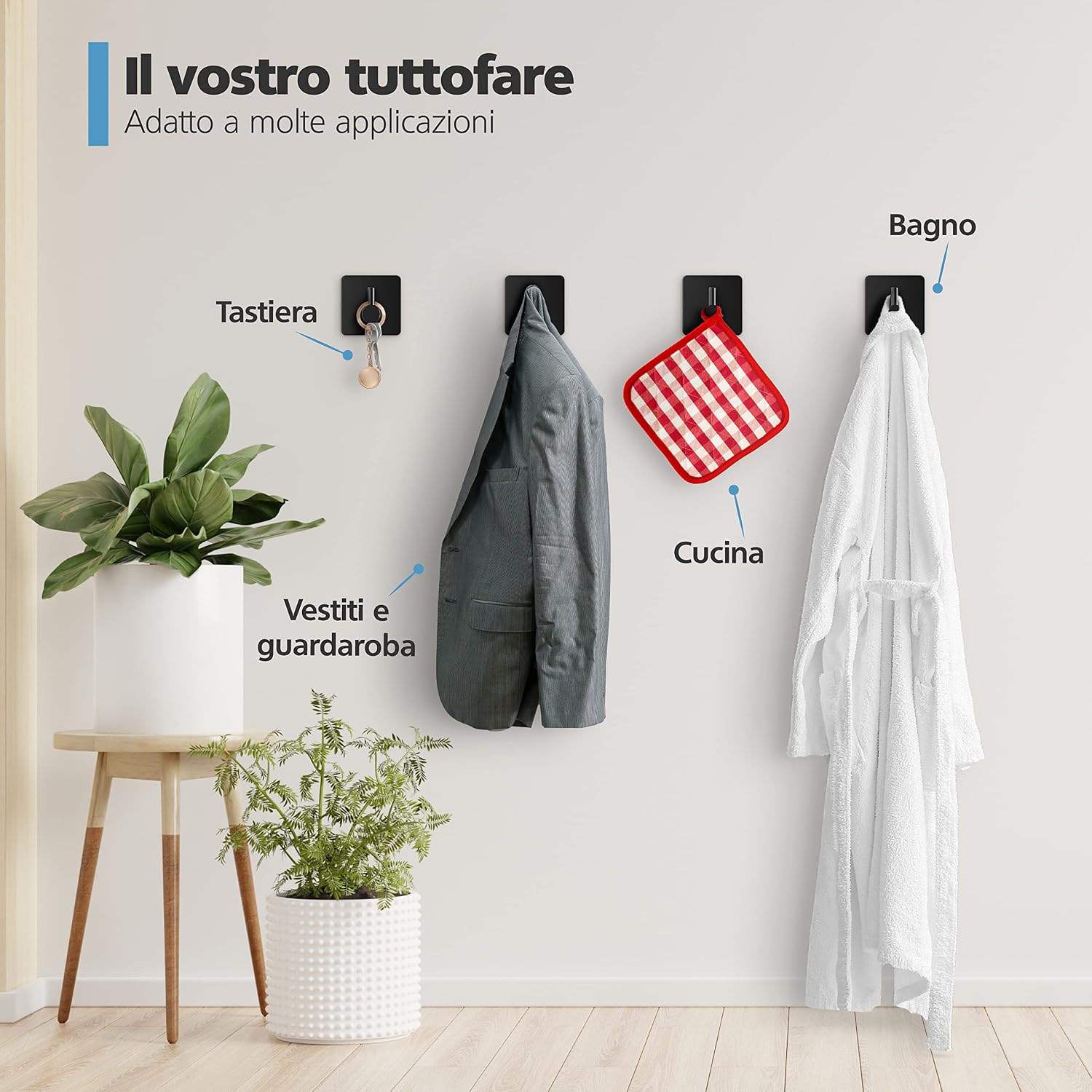 Detalle de virea Ganci da parete auto-adesivi senza forare (set di 4) in nero, inox, fino a 8 kg