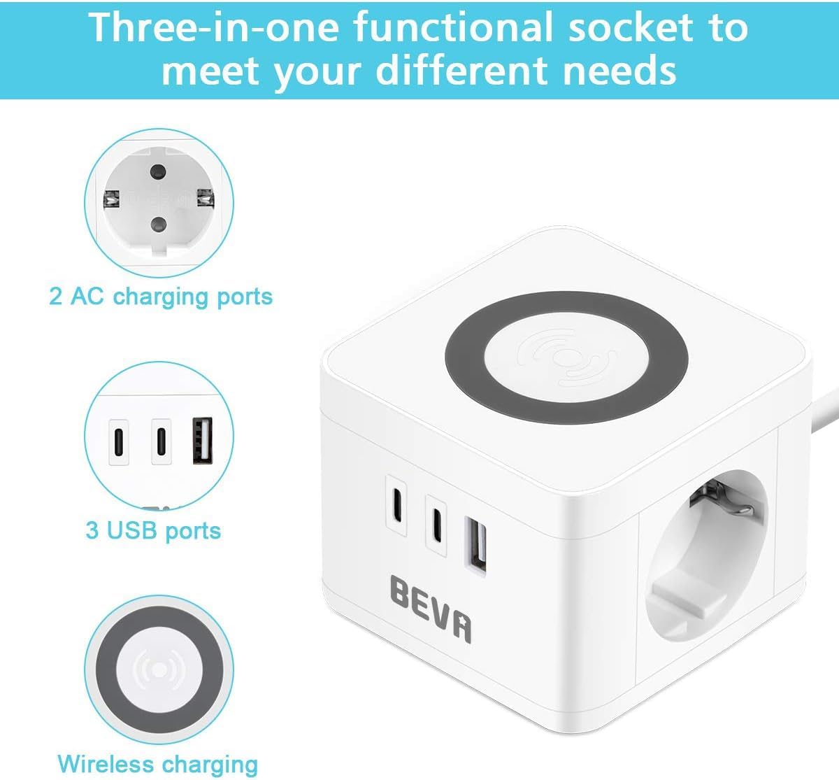 Detalle 2 de BEVA Multipresa Cubo 2500W con ricarica wireless