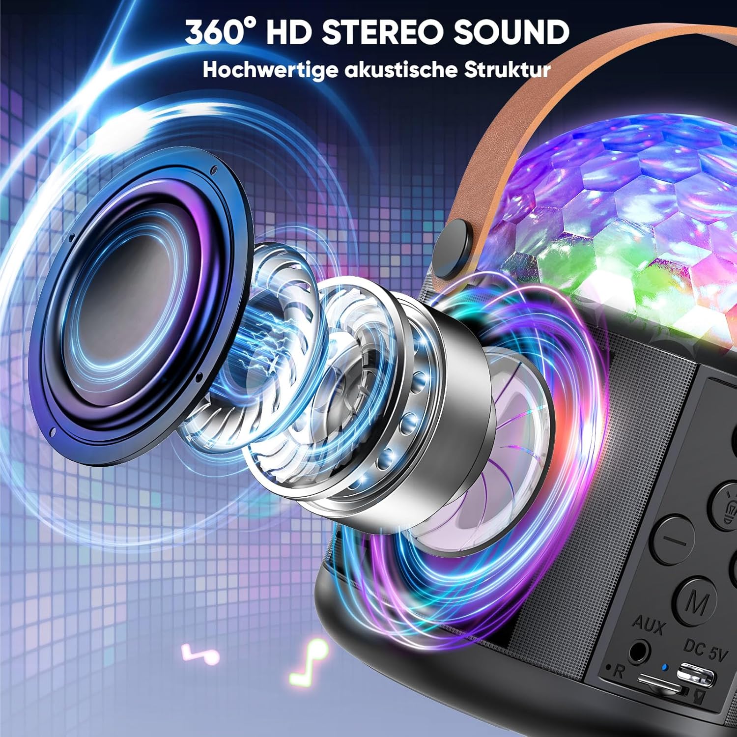Detalle 2 de Dislocati Karaoke-Maschine mit 2 Karaoke-Mikrofonen, Bluetooth-Lautsprecher & Disco-Licht – für Kinder und Erwachsene (3–15 Jahre)