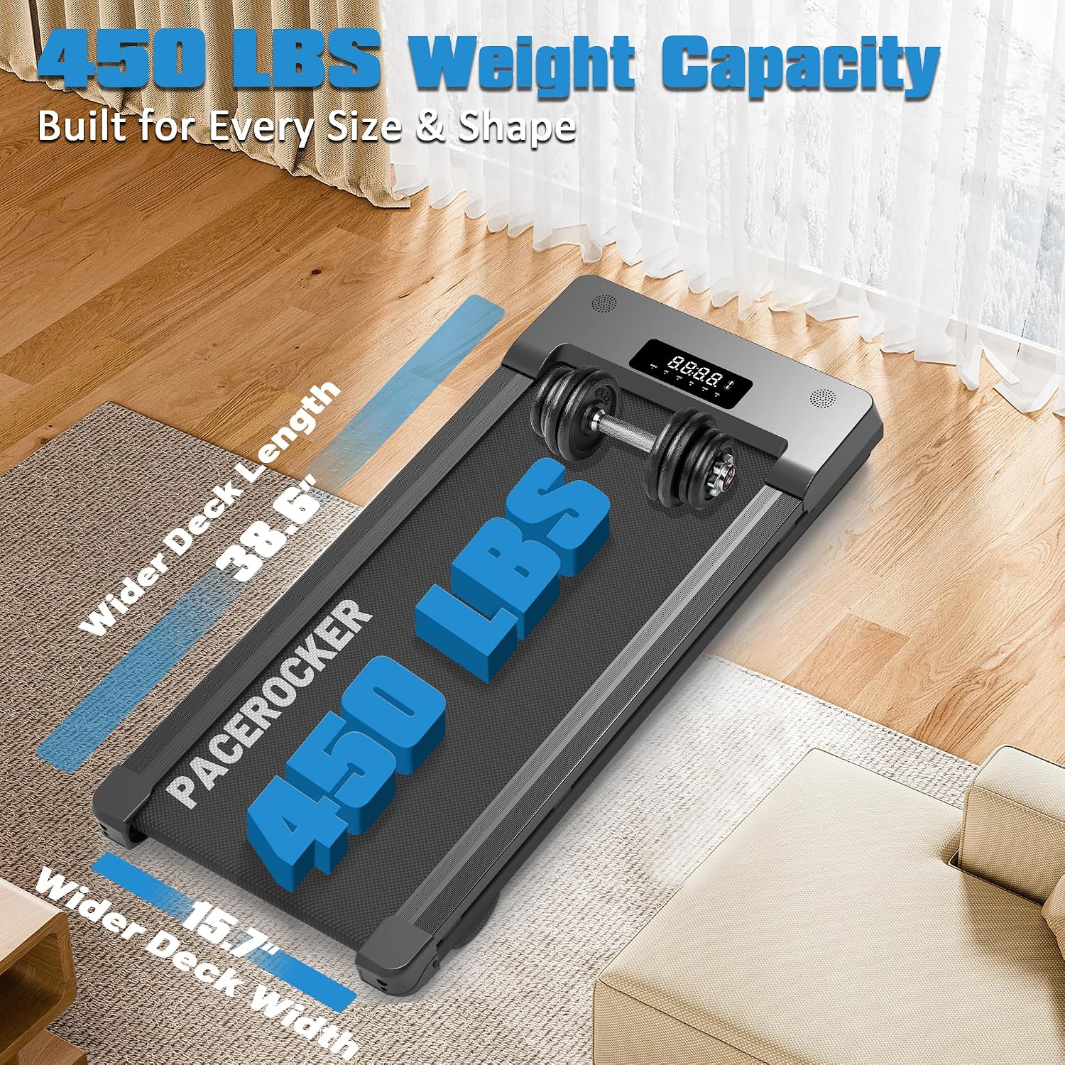 Detalle de PACEROCKER Walking Pad Treadmill with 9-Level Auto Incline and 450 lb Capacity