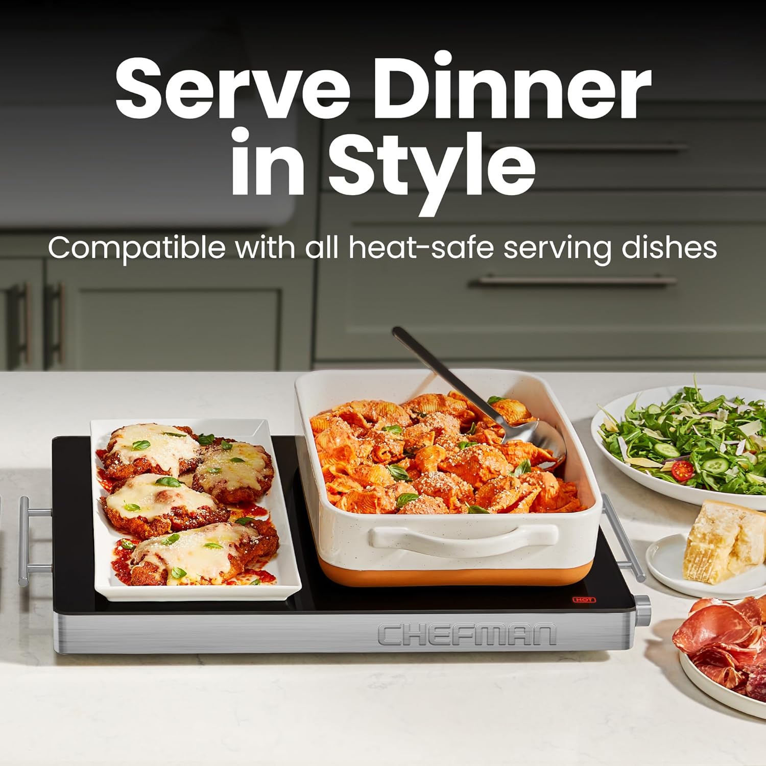 Detalle 2 de Chefman Electric Warming Tray with Adjustable Temperature Control (53 x 41 cm) – Glass-Top, Stainless Steel