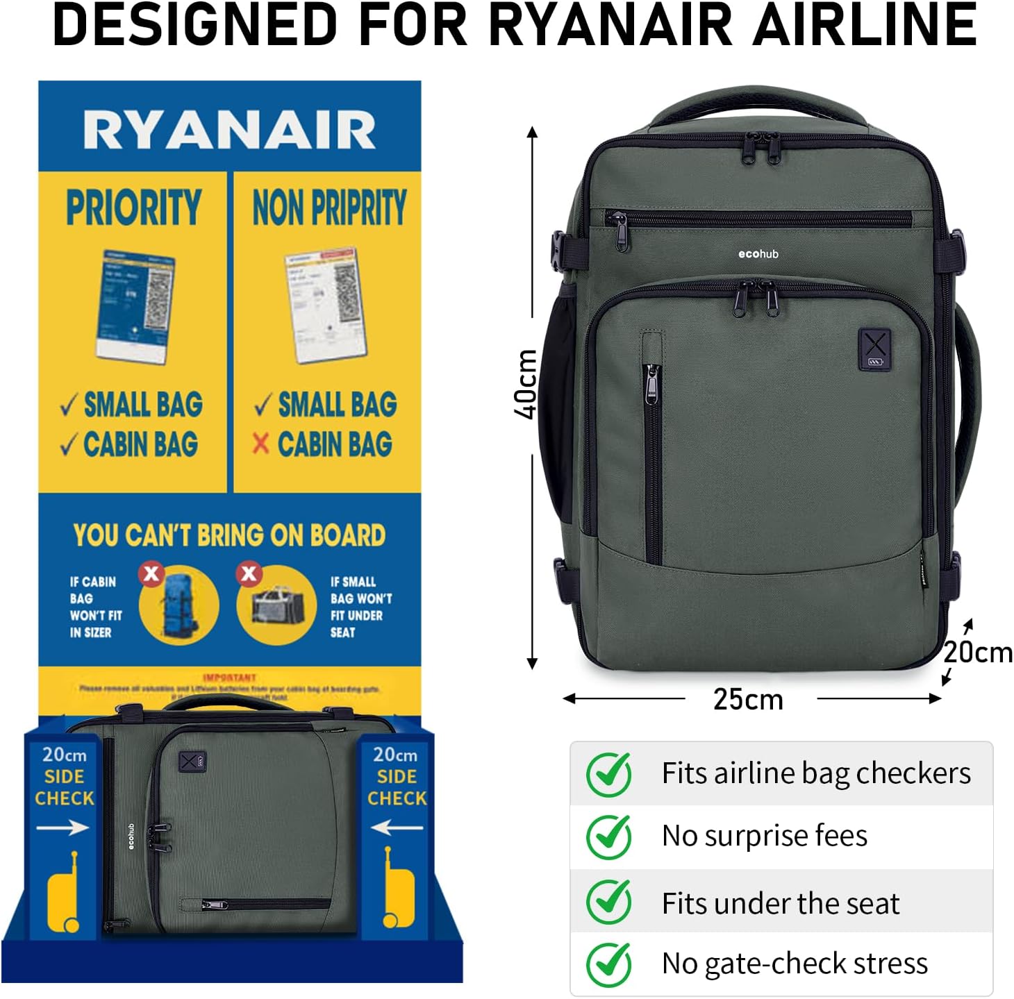 Detalle 2 de ECOHUB for Ryanair Cabin Bags 40x20x25L underseat backpack with laptop compartment (20L, recycled fabric)