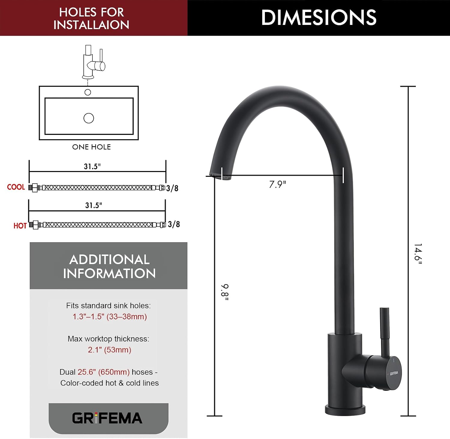 Thumbnail 6 de GRIFEMA G4008B Black Kitchen Sink Tap — 360° Swivel Spout, Solid Brass & Stainless Steel, Hot & Cold