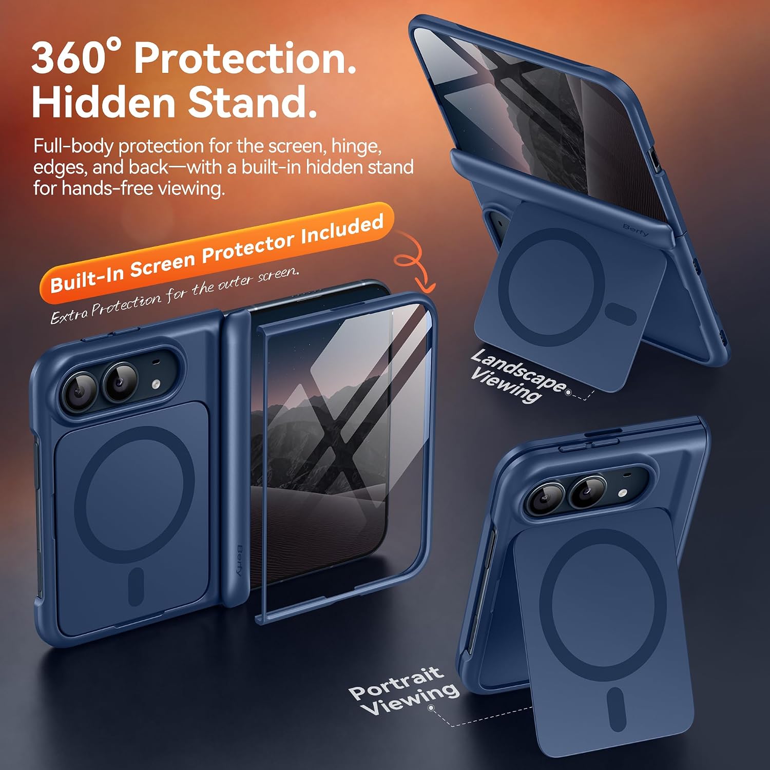 Detalle 2 de BERFY iPhone Duo Case with MagSafe, Blue, Built-In Stand & Screen Protector
