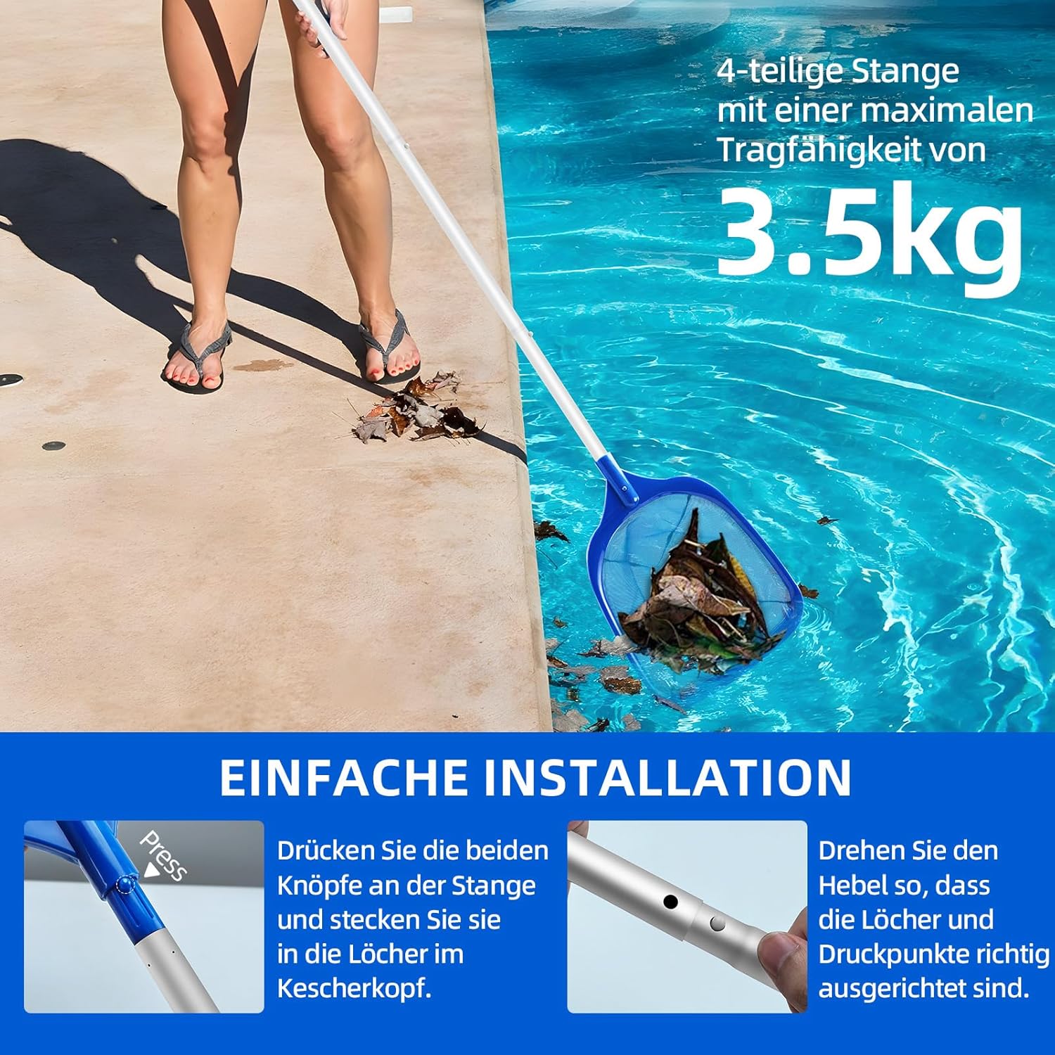 Thumbnail 4 de Jsdoin Pool Kescher (Teichkescher) 161 cm mit Teleskopstange, feines Kescher-Netz – für Pool, Teiche & Whirlpool