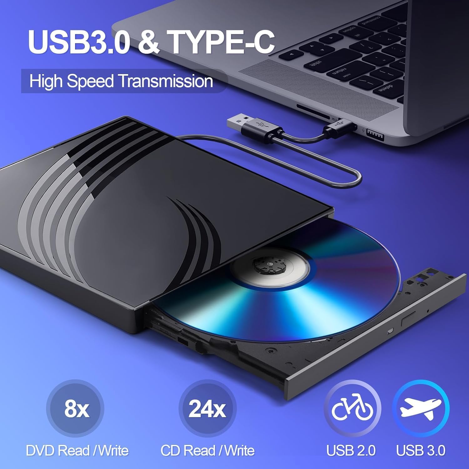 Detalle 2 de BPAKDU B31-Y2 External CD/DVD Drive with USB-A, USB-C, and Card Slots