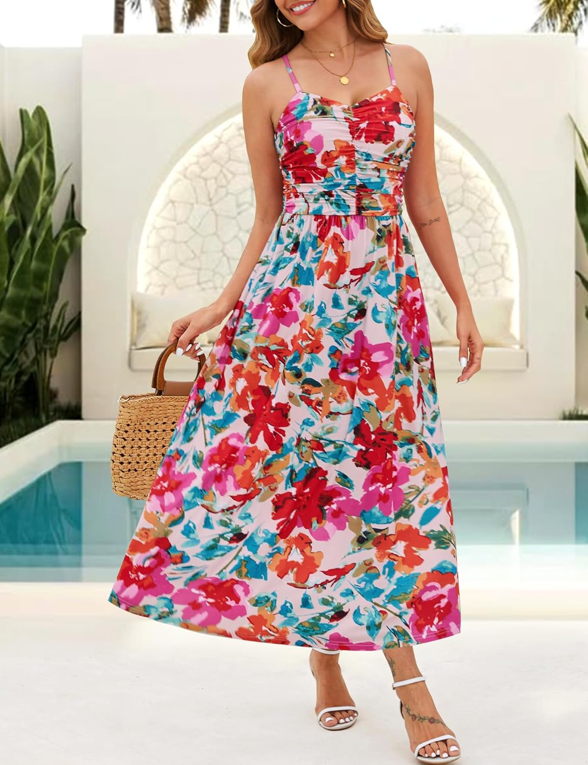 Thumbnail 2 de Annebouti Women 2026 Summer Ruched Maxi Dress with Pockets – Floral Sleeveless Beach Sundress