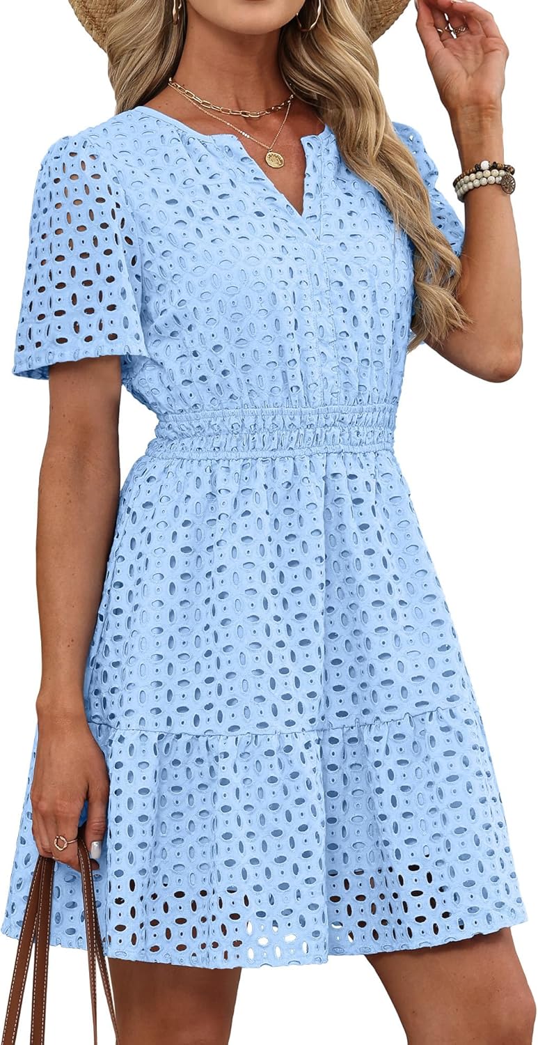 Thumbnail 5 de RUMIA Women's Dresses 2026 Summer V-Neck Eyelet Lace A-Line Short Dress
