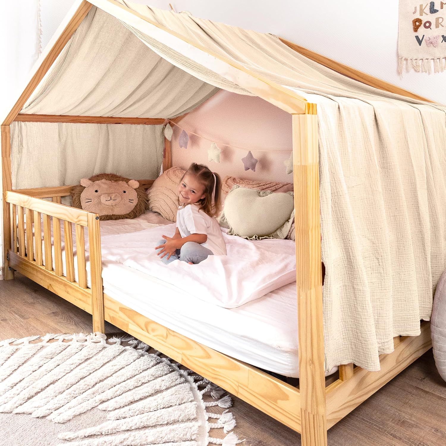 Detalle de lilimaus BH-HB-SINGLE-GOLD-135x420-CREME bedhemel van mousseline katoen