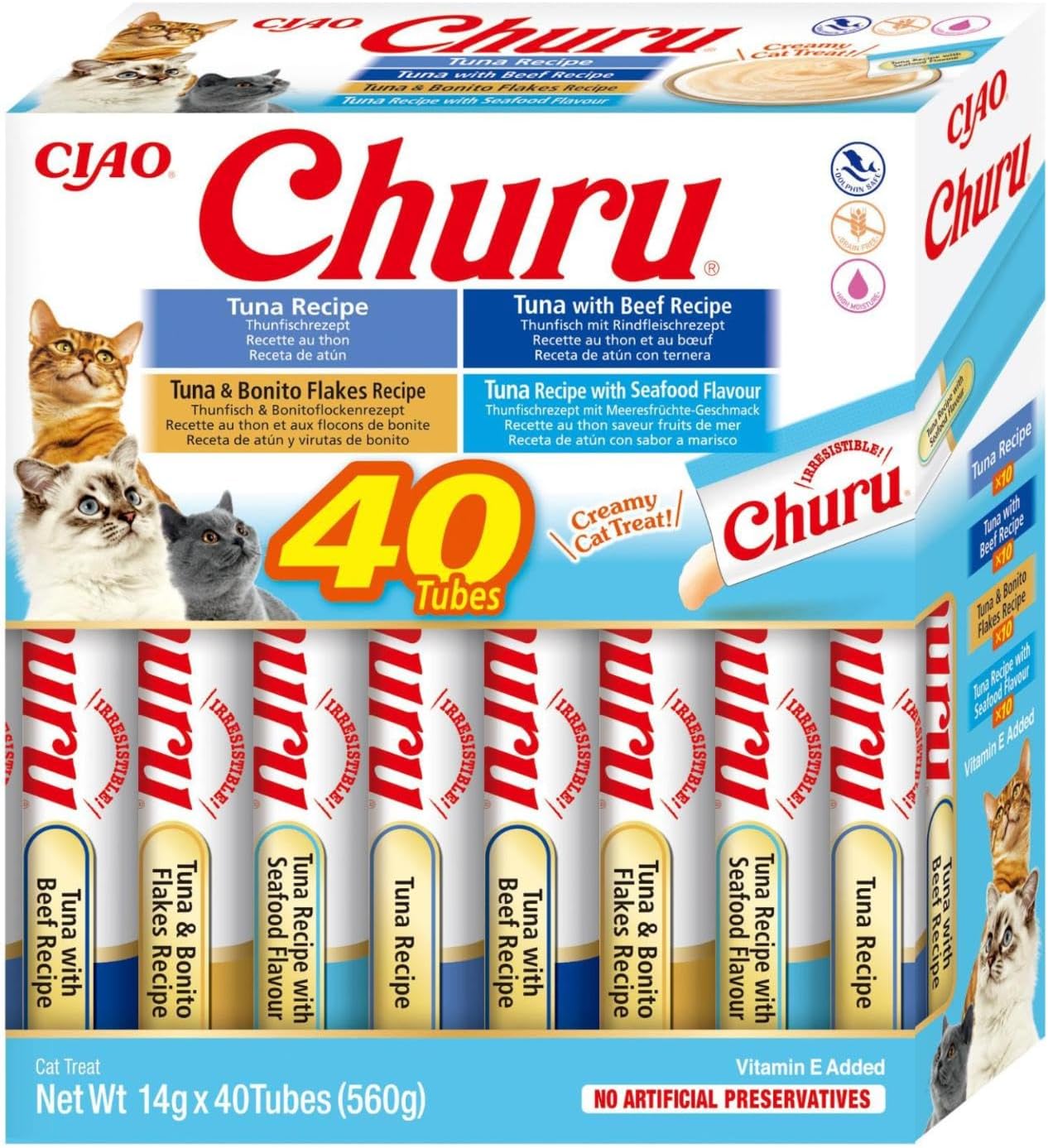 INABA Churu Snack per Gatti Cremoso in 4 Varietà al Tonno – 40 Stick da 14 g