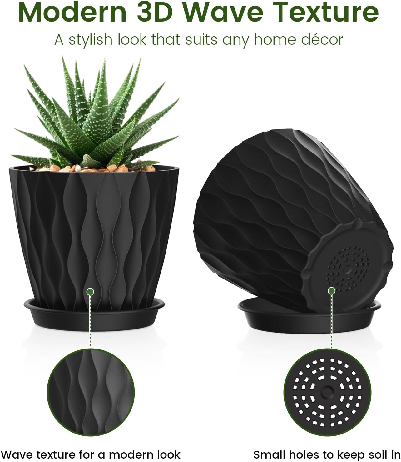 Thumbnail 2 de WSMKSZ 15 cm Plant Pots (5 Pack) with Drainage Holes – 3D Wave Texture, Black