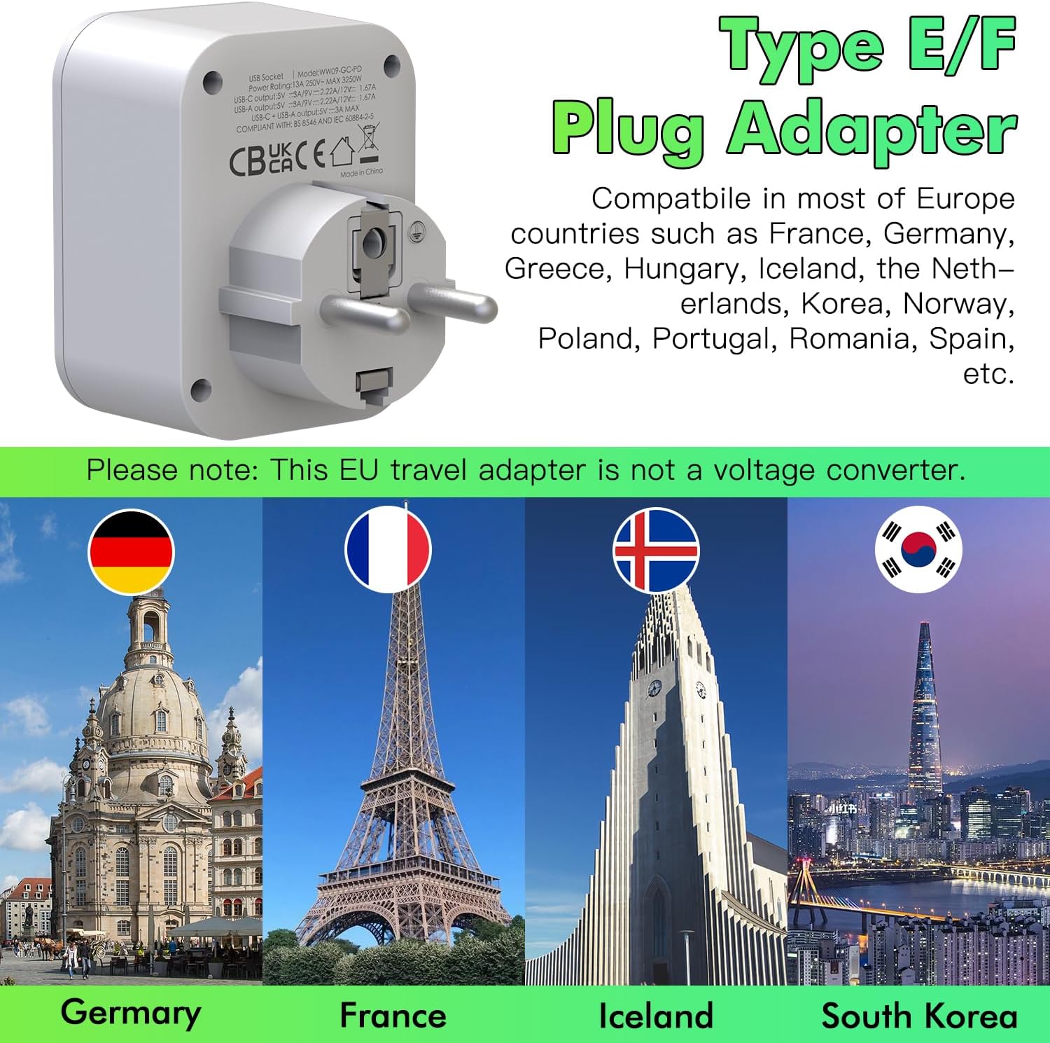 Detalle 2 de AUNNO UK to European Plug Adapter PD 20W, 2 USB ⚡