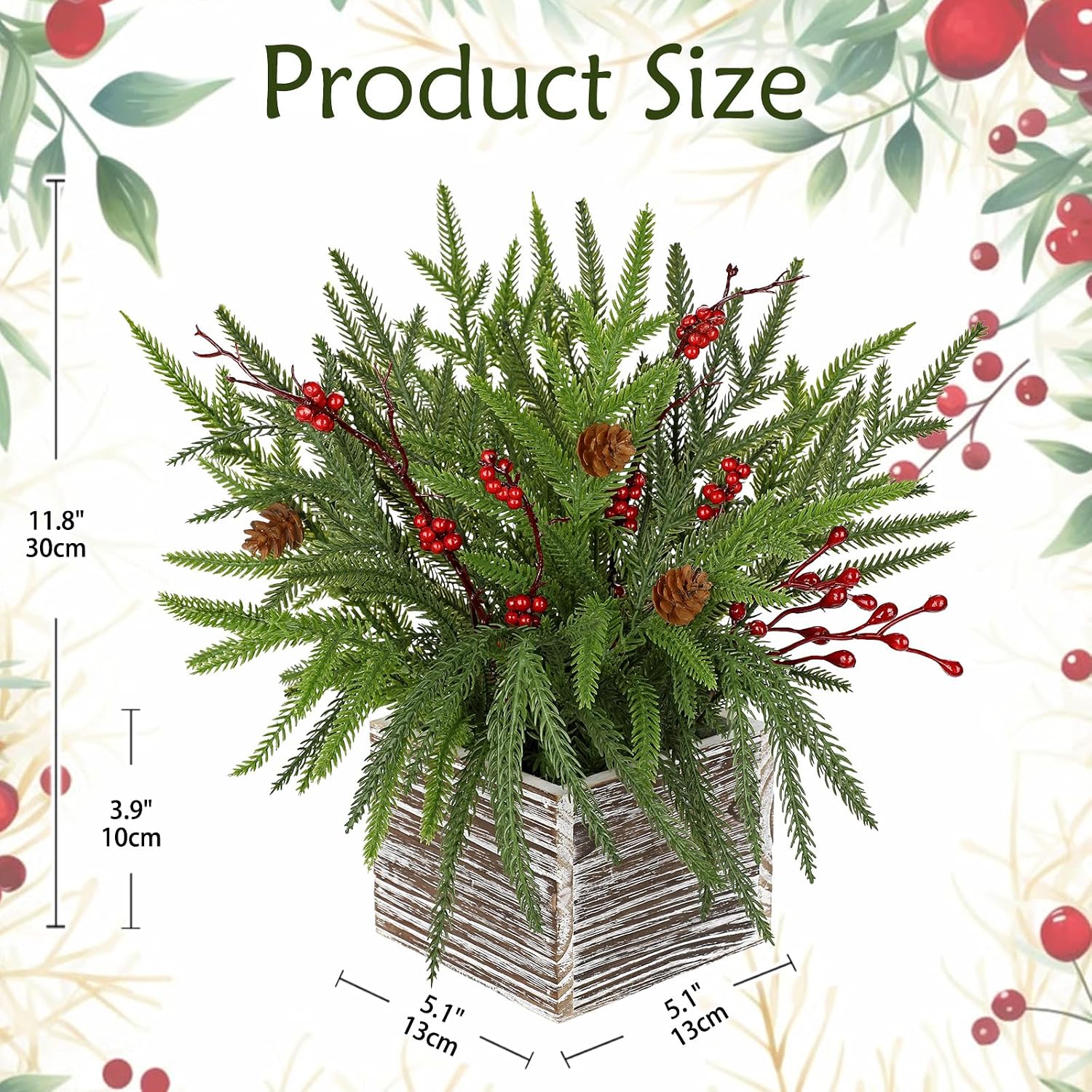 Detalle 2 de Arborus künstliche Weihnachtspflanze im Topf – rustikale Tischdeko mit Tannenzapfen, Beeren & Holzschale