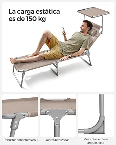 Thumbnail 6 de SONGMICS tumbona plegable con parasol y respaldo reclinable (193 x 53 x 29 cm, 150 kg) color topo