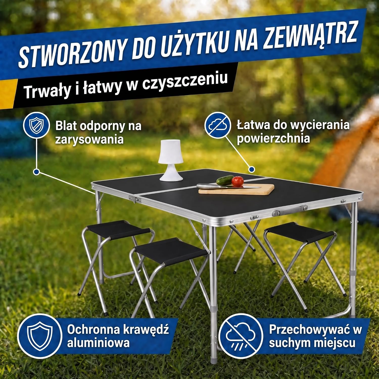 Detalle de GOODS+GADGETS 3541824 – składany stół aluminiowy 120 × 60 cm, 3 wysokości