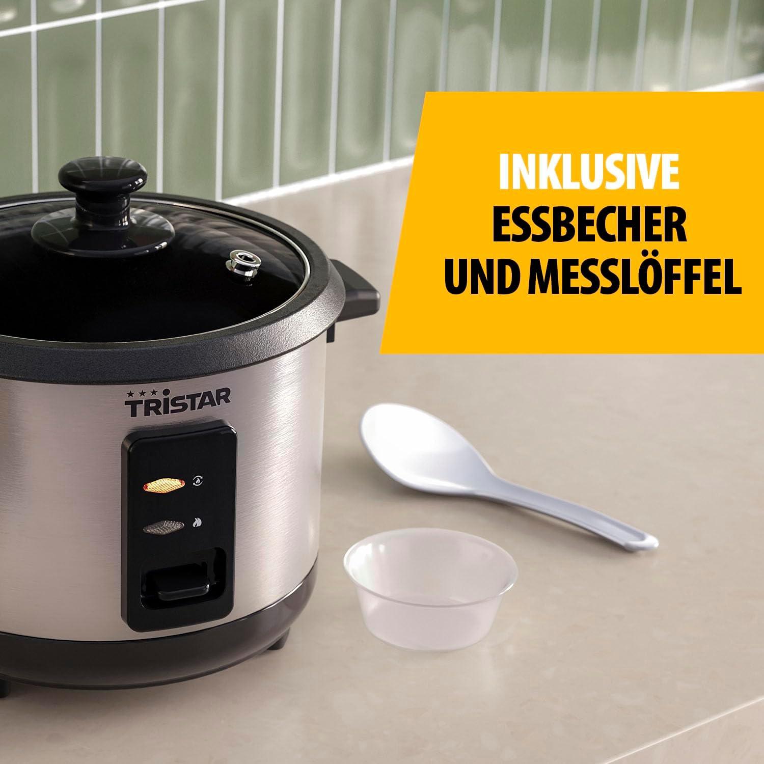 Detalle de Tristar Reiskocher RK-6144 – 1 L Kapazität für bis zu 5 Portionen, Edelstahlgehäuse, Dampfeinsatz, Antihaft-Innentopf, Warmhaltefunktion