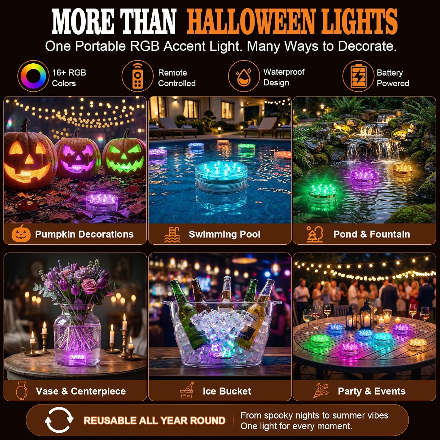 Thumbnail 5 de POLENTAT SY-HWSLRGB Halloween Pumpkin Lights, RGB Submersible LED 4-Pack